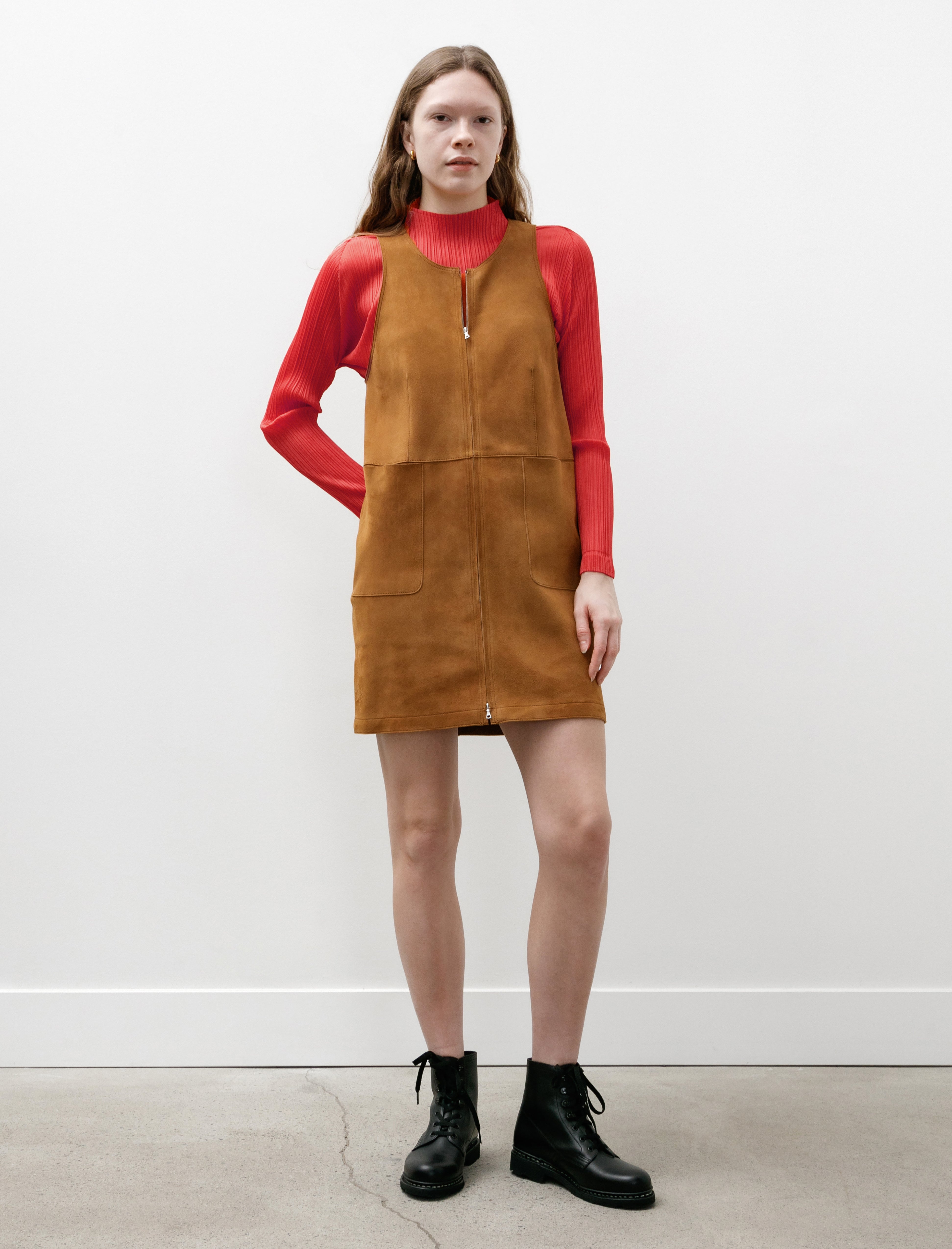 Auralee Lamb Leather Suede Zip Mini Dress Camel