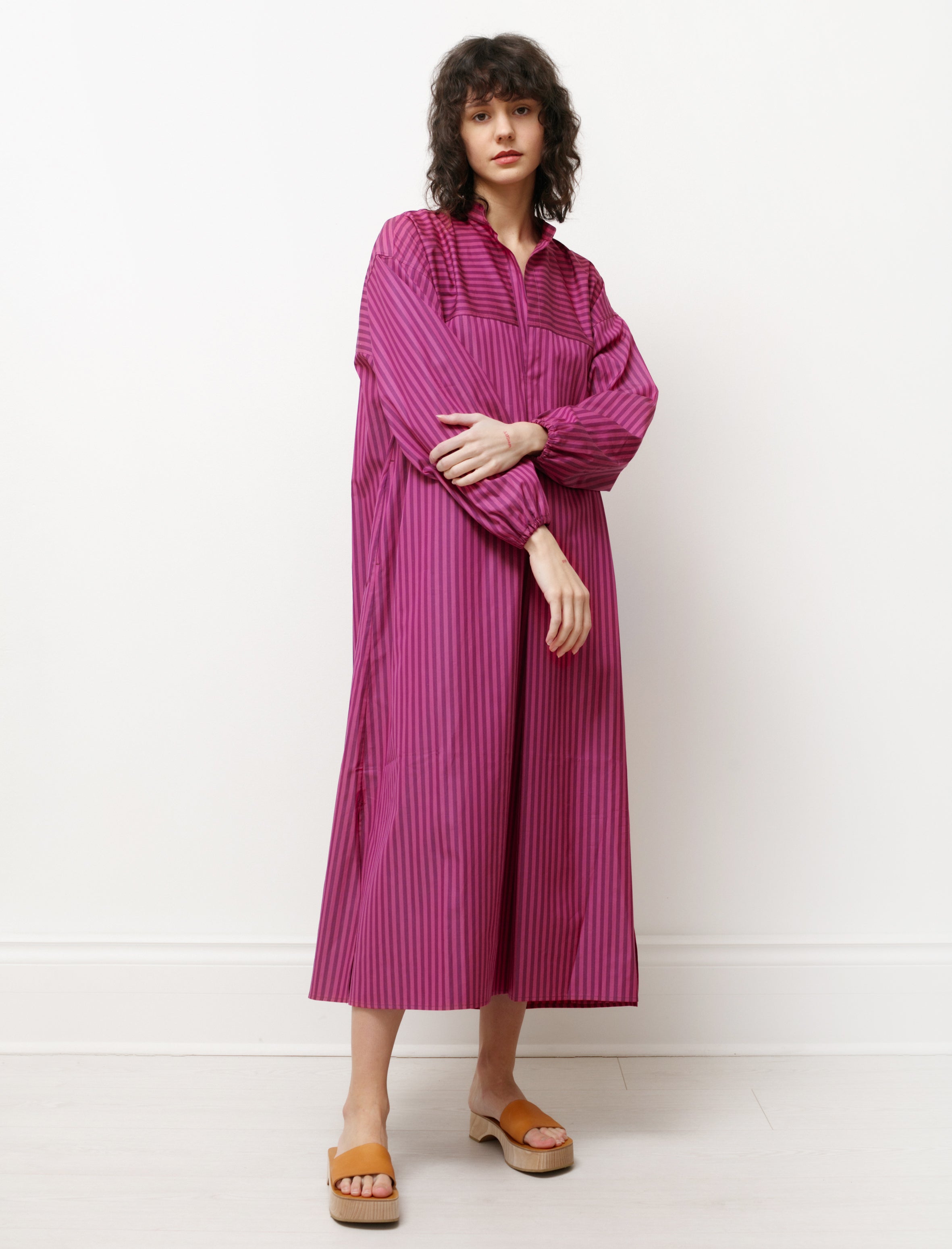 Cristaseya Shirt Dress with Gathered Sleeves Striped Pink