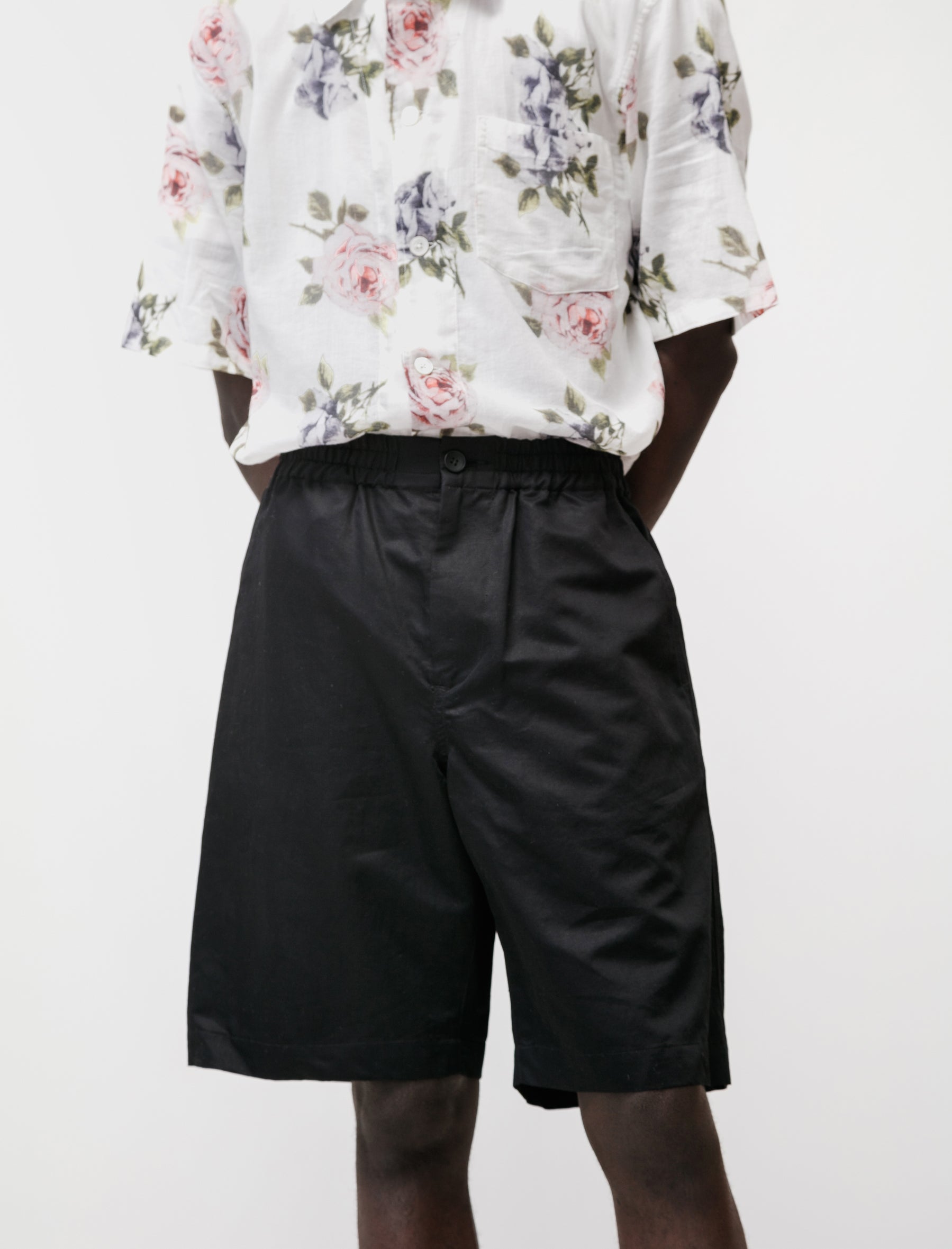 niuhans Relaxed Shorts Cotton Linen Silk Black