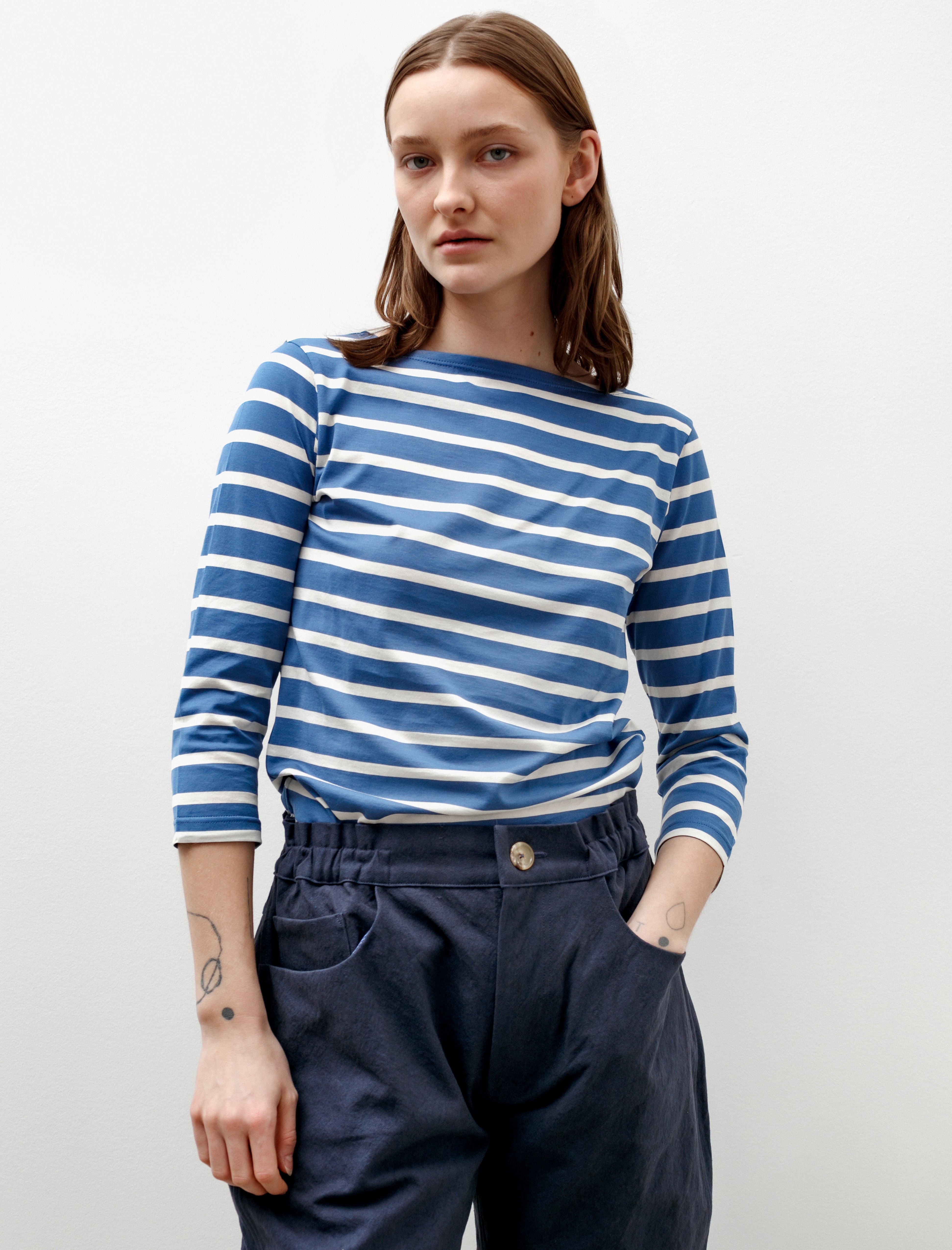 Sunspel 3/4 Sleeve Boat Neck T-Shirt Bluestone/Ecru