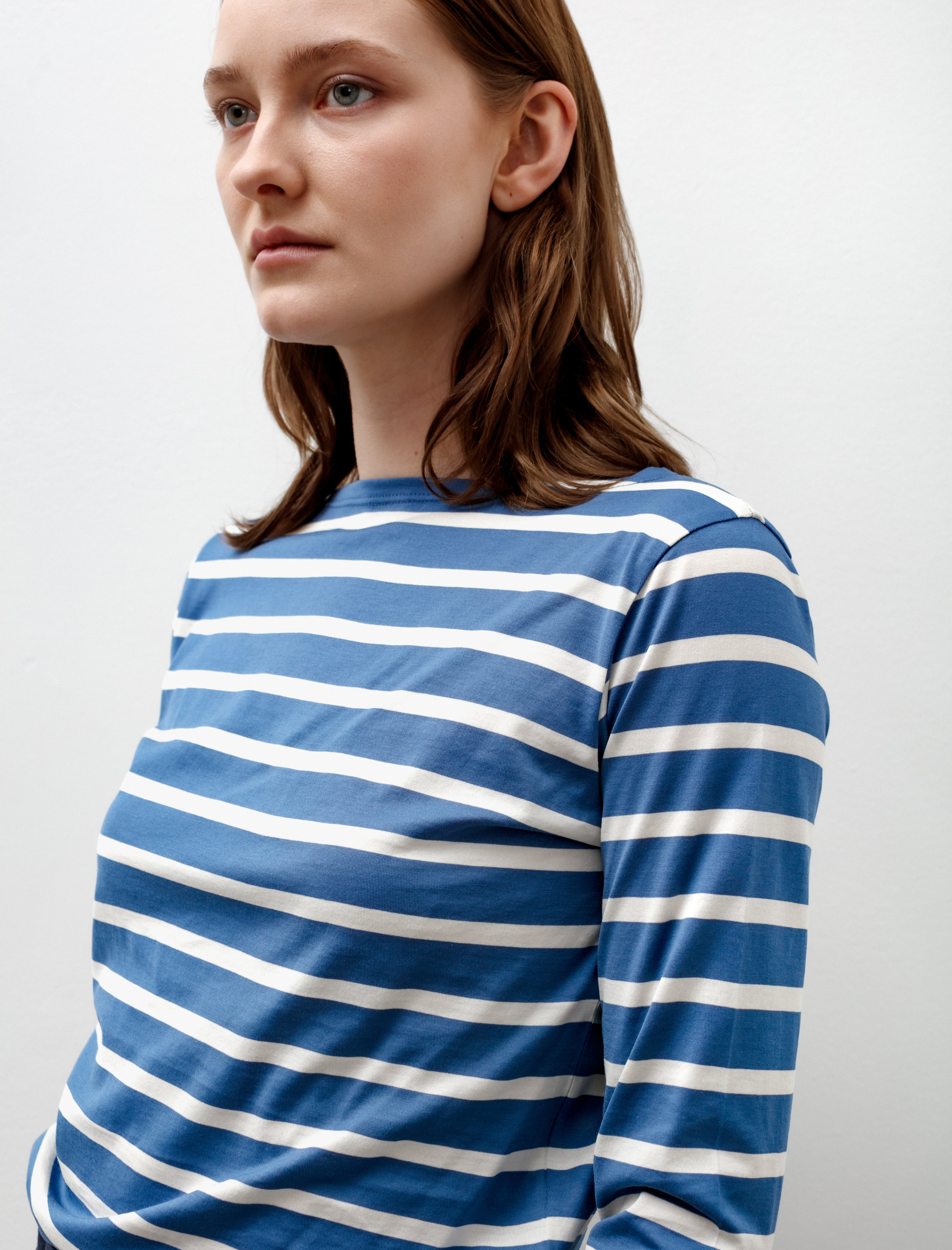 Sunspel 3/4 Sleeve Boat Neck T-Shirt Bluestone/Ecru