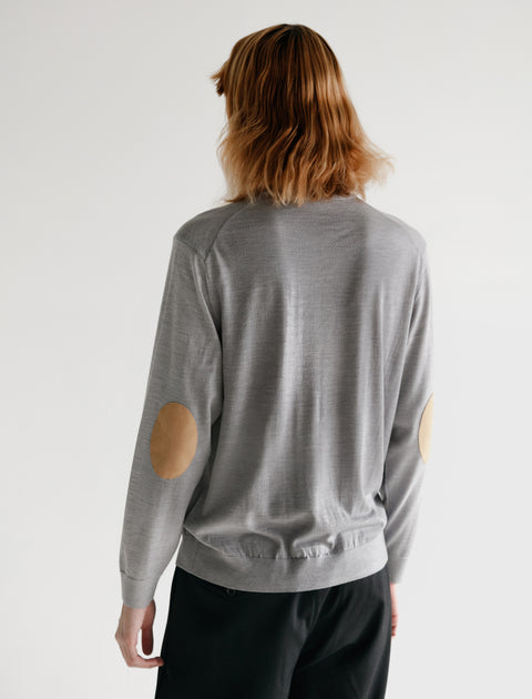 Niuhans Fine Gauge Wool Elbow Patch Sweater Light Grey