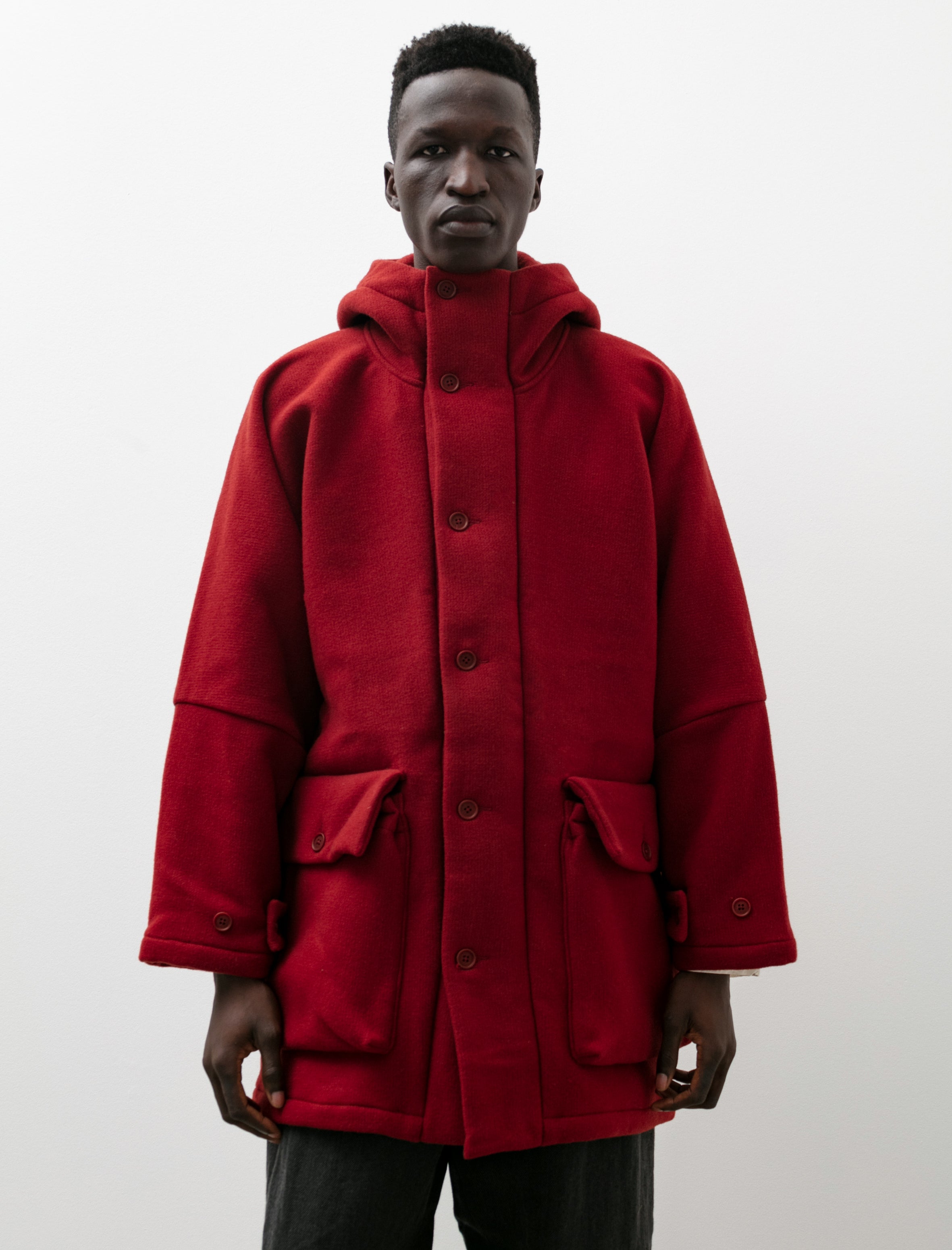 Evan Kinori Hooded Coat Heavy Wool Duffle Red