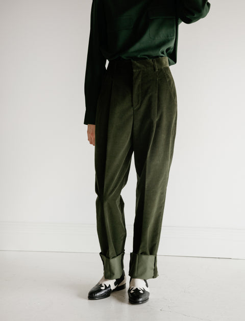 Cristaseya Corduroy Pleated Trousers Green