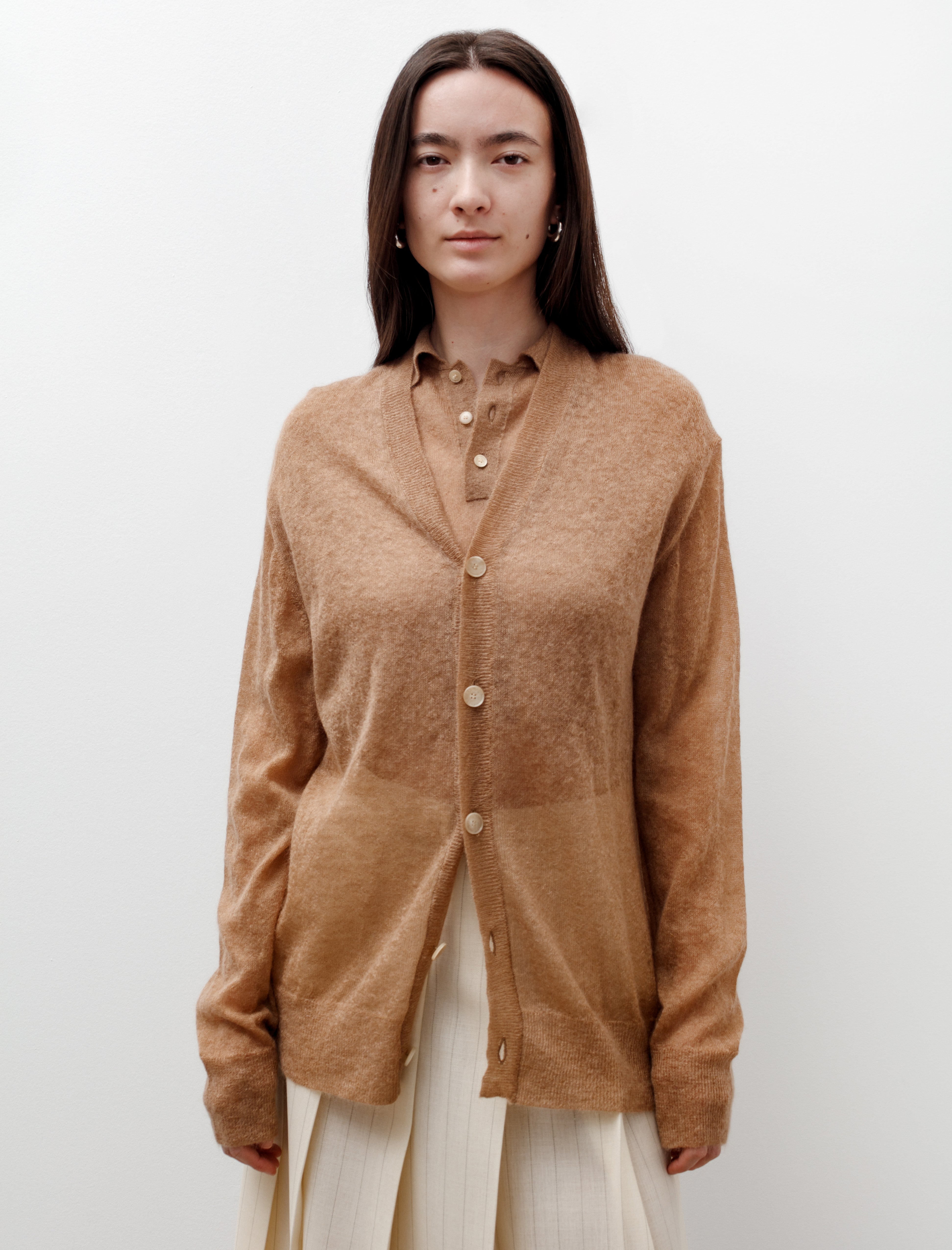 Auralee Kid Mohair Sheer Knit Cardigan Camel