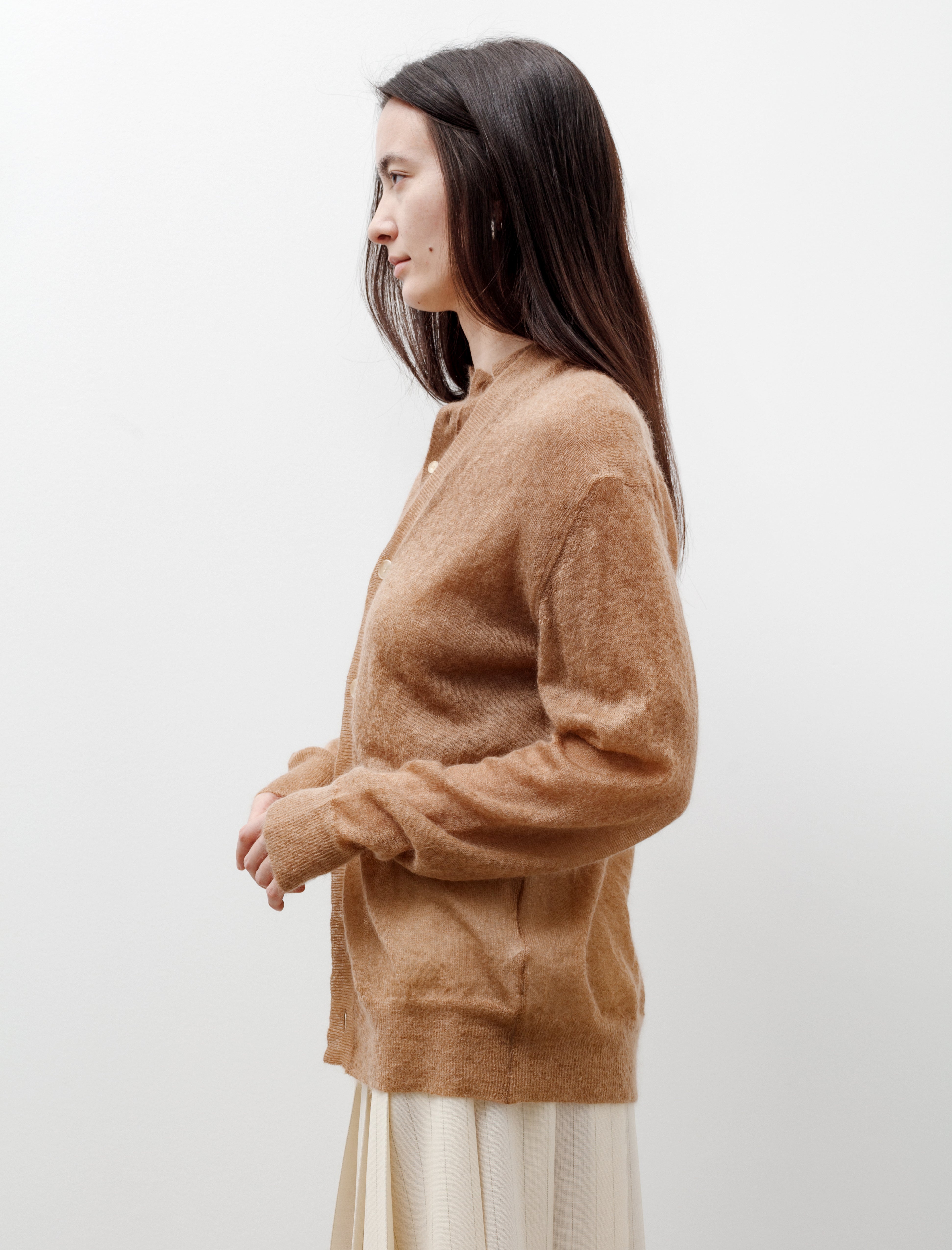 Auralee Kid Mohair Sheer Knit Cardigan Camel
