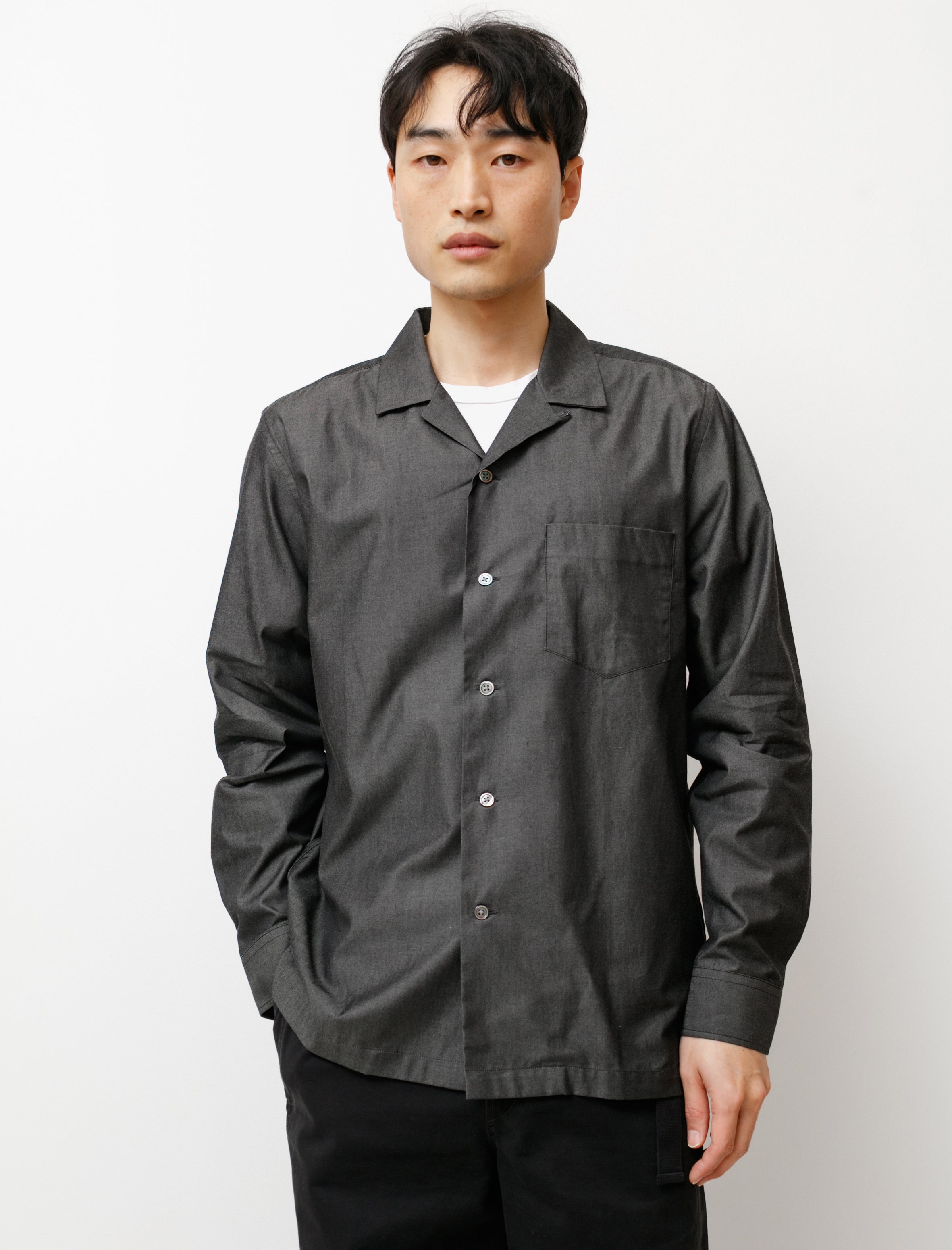 niuhans Supima Cotton Denim Open Collar Shirt Black