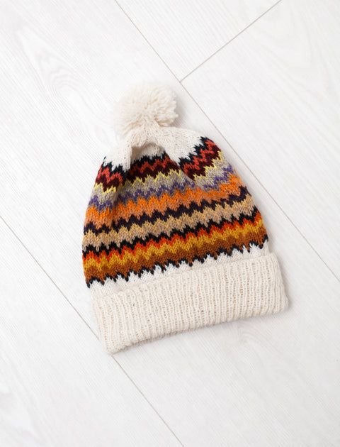 Fine Handknit Hat Fairisle White/Autumn