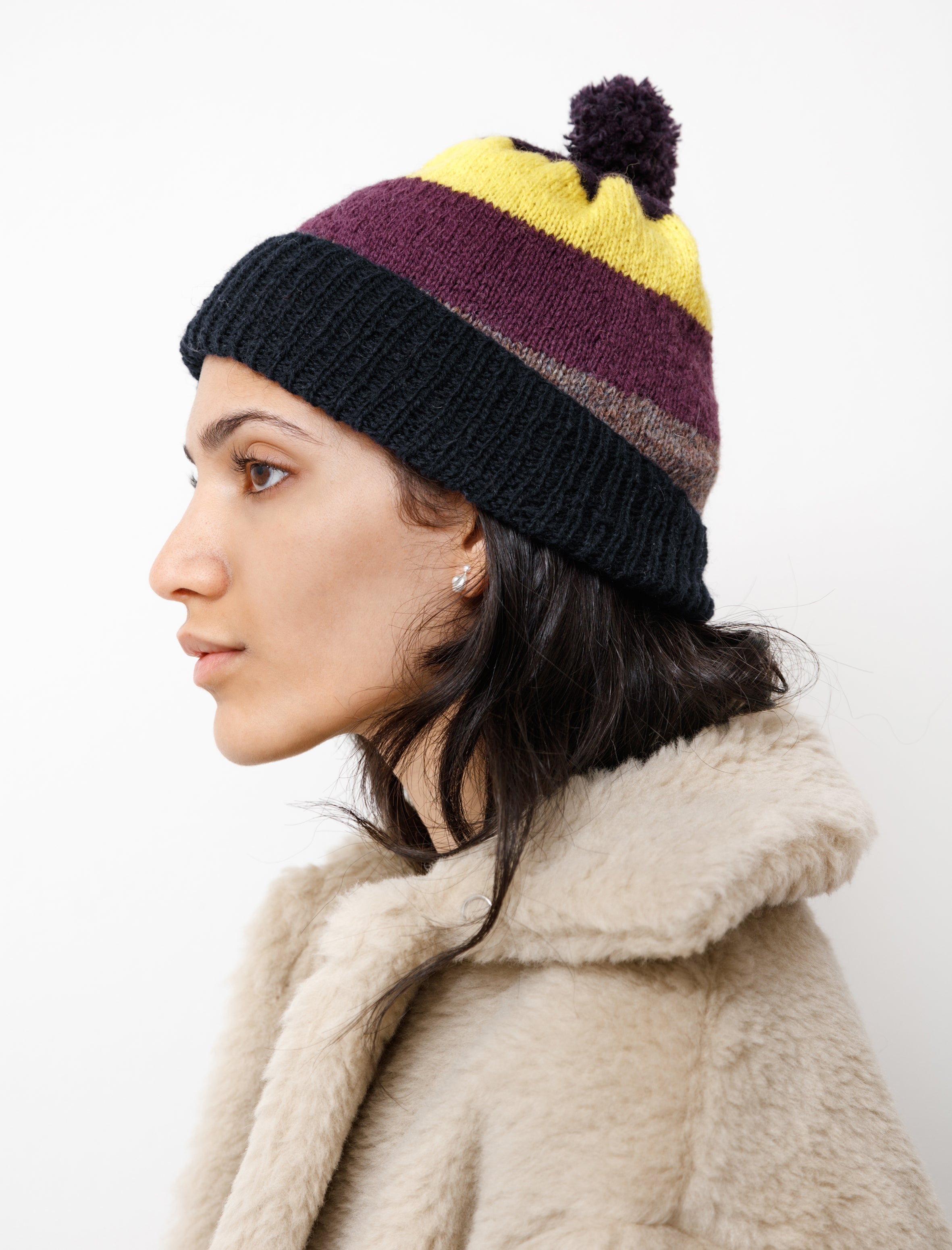 Smurfie Turfie Fine Handknit Hat Bold Stripe Plum/Lemon