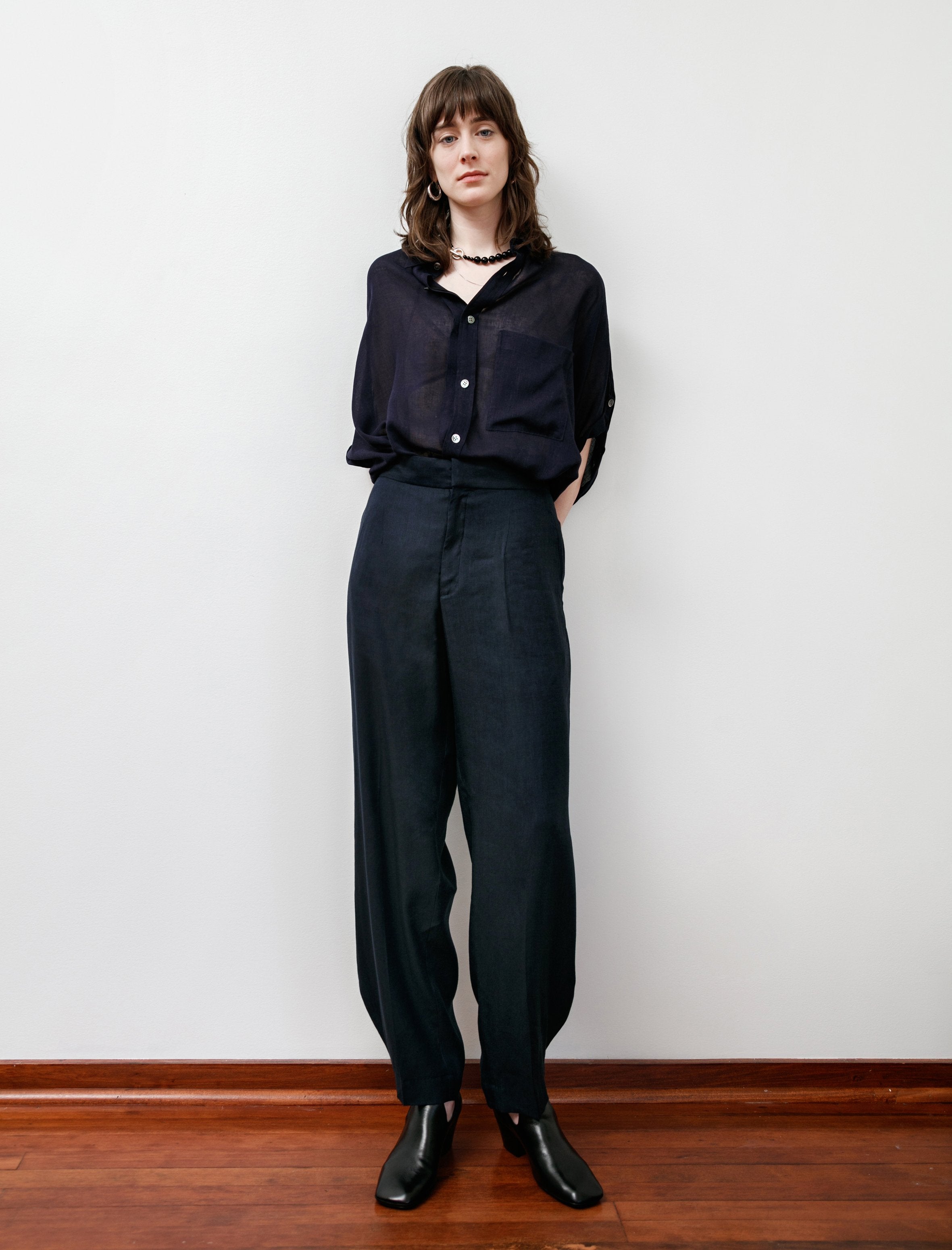 Y's by Yohji Yamamoto Rounded Hem Linen Trousers Navy