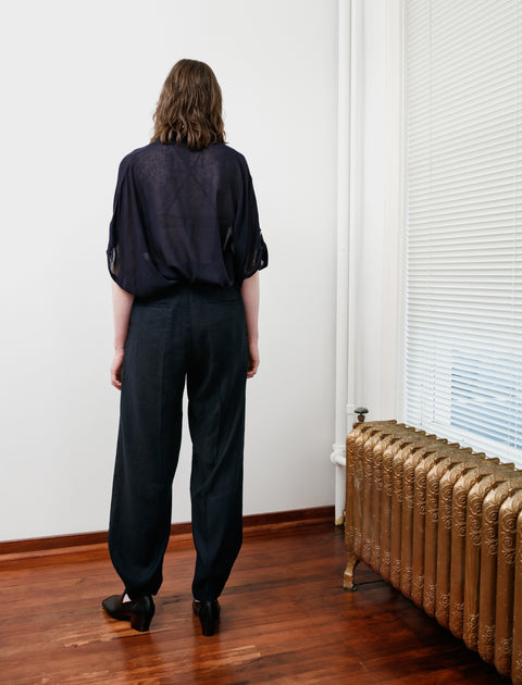 Y's by Yohji Yamamoto Rounded Hem Linen Trousers Navy