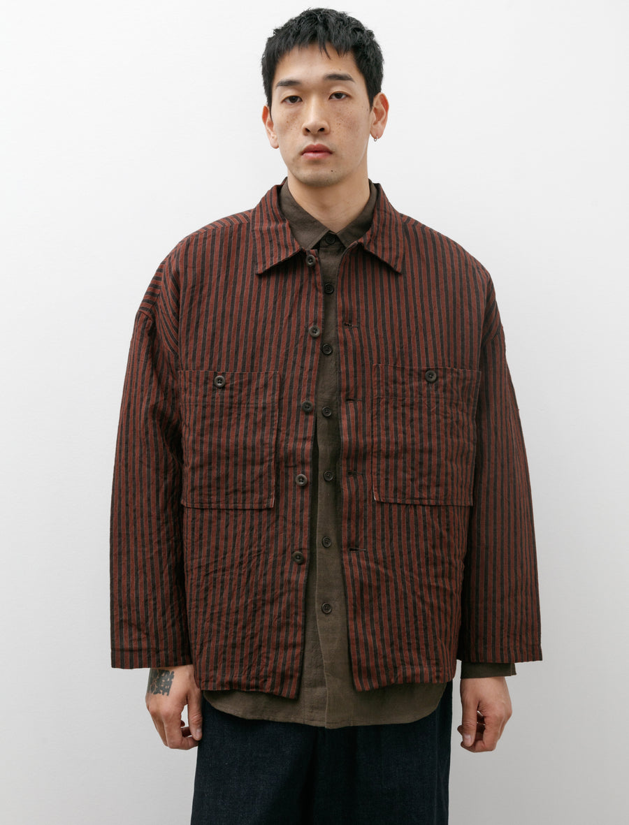 Evan Kinori Field Shirt Two Yarn Dyed Linen Stripe Navy Red 