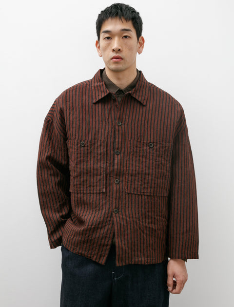 Evan Kinori Field Shirt Two Yarn Dyed Linen Stripe Navy Red