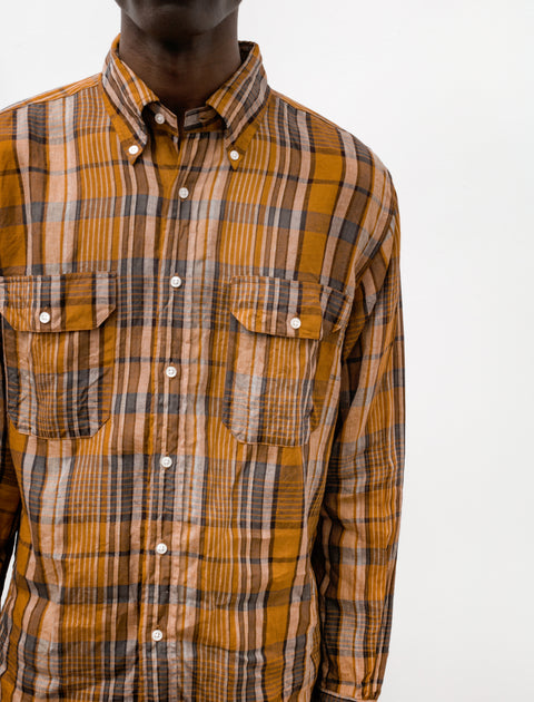 orSlow Linen Button Down Safari Shirt Orange Check