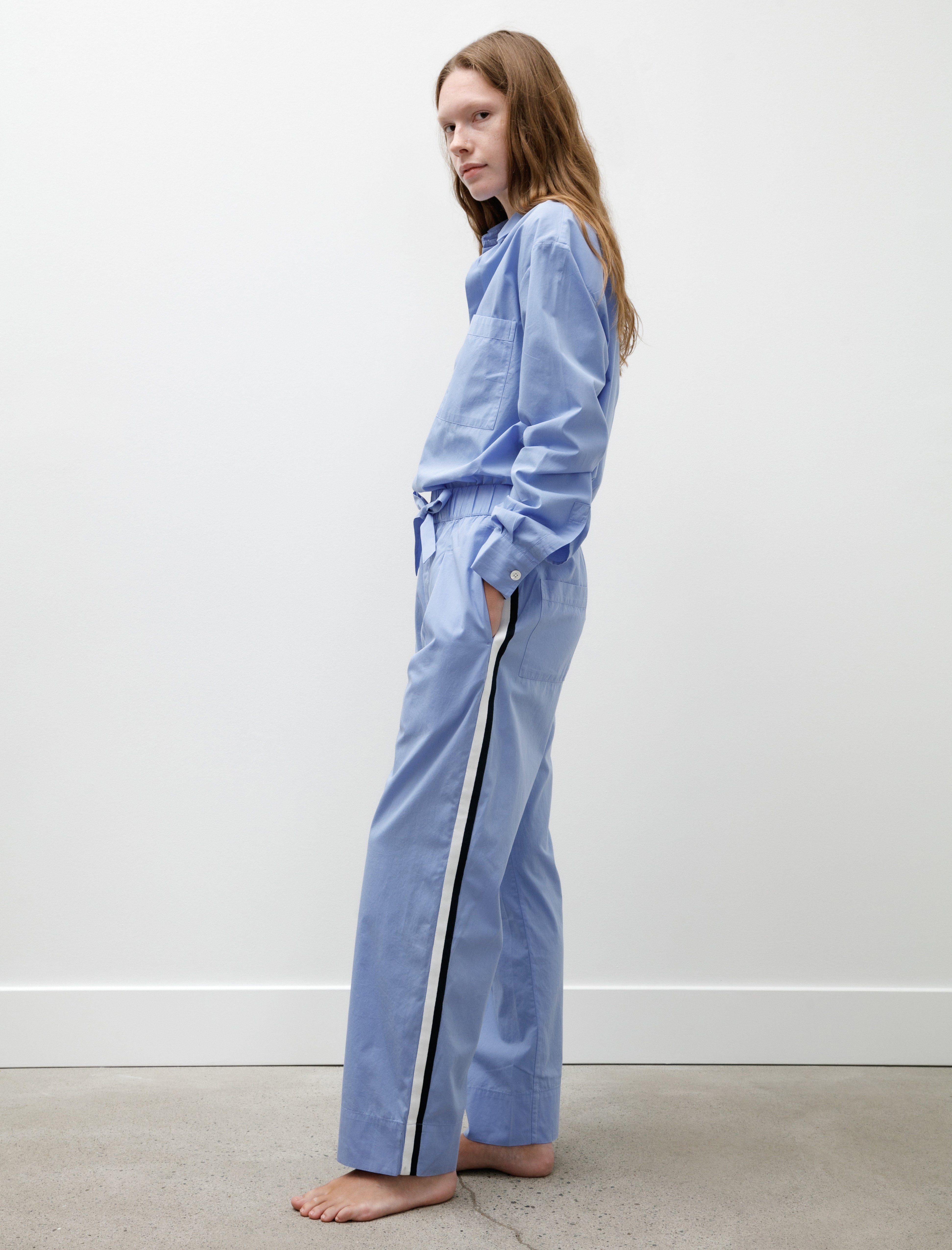 Tekla Poplin Grosgrain Stripe Pyjama Pants Cornflower Blue