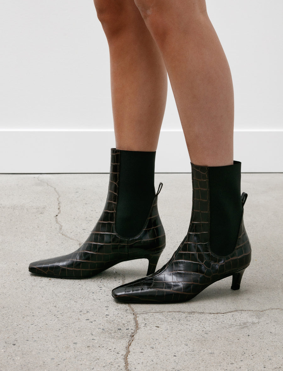 Mid Heel Boot Dark Brown Croco - Image 1