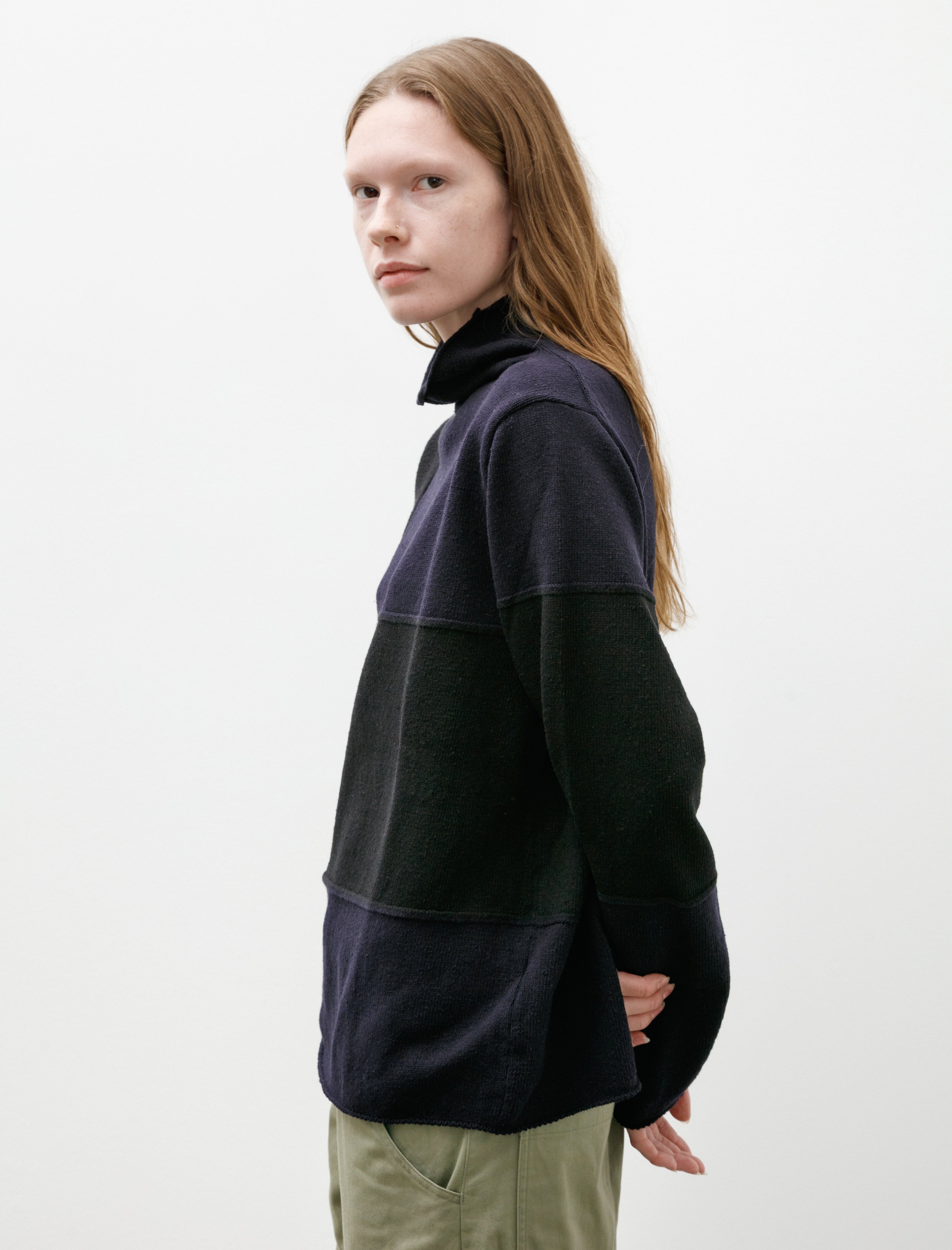 Y's by Yohji Yamamoto-High Neck Squares Pullover Grey/Navy