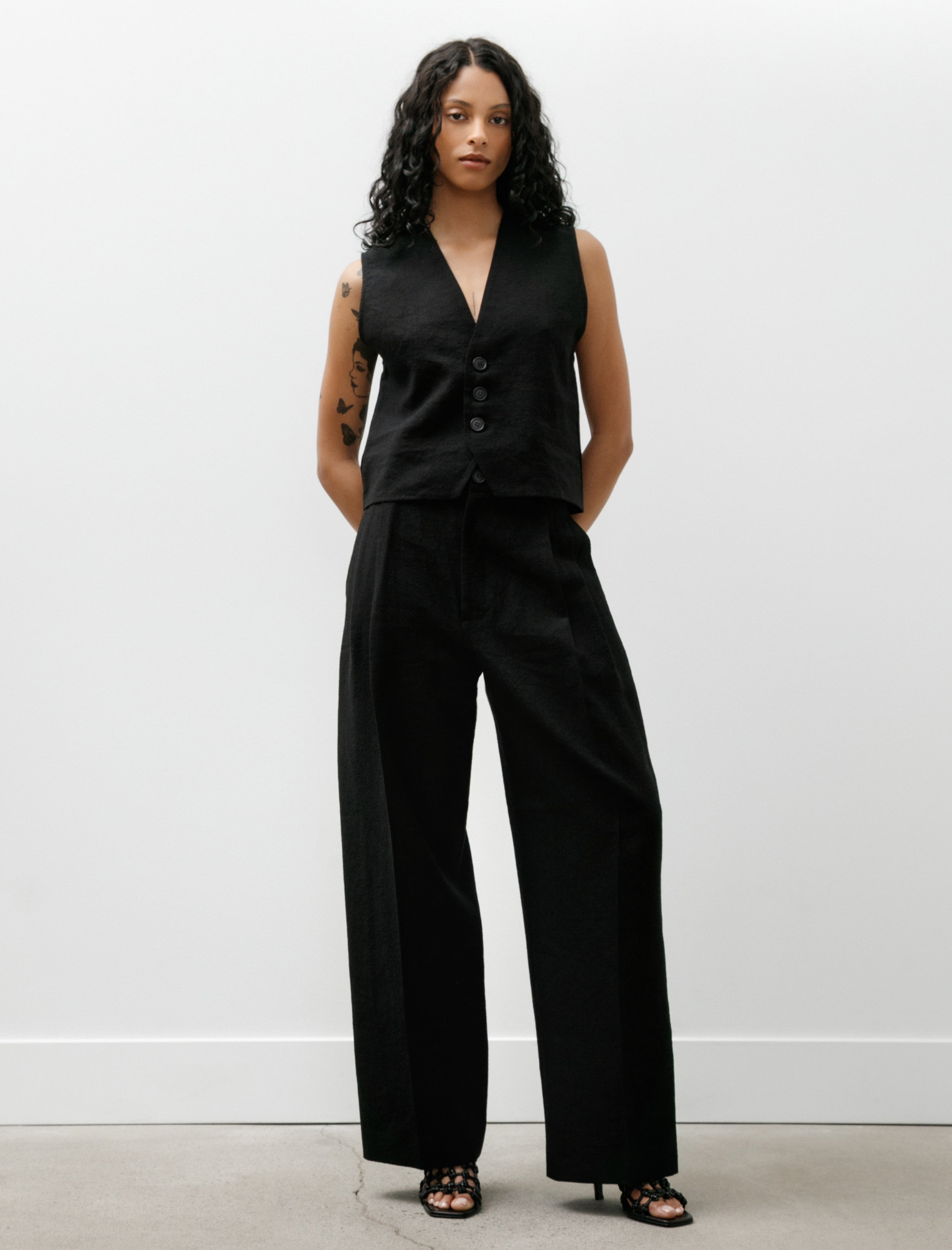 Cristaseya Double Pleated Wide Pants Crepe Black