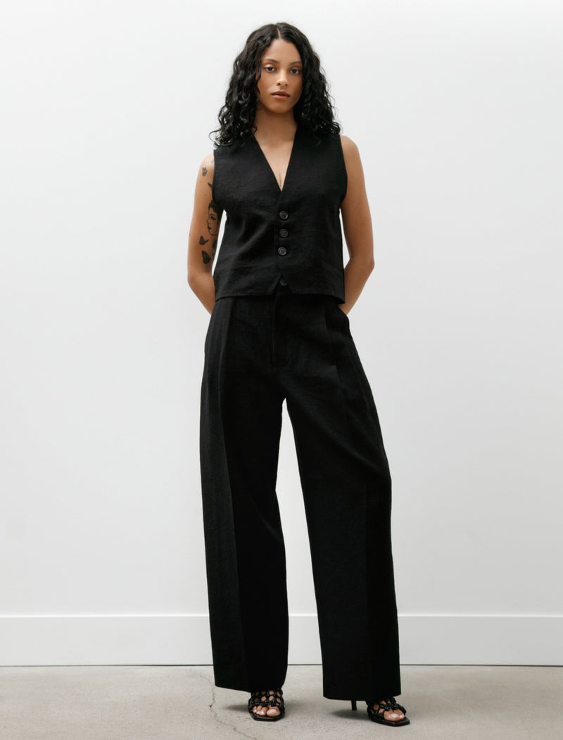 Cristaseya Double Pleated Wide Trousers Washi Linen Canvas Black