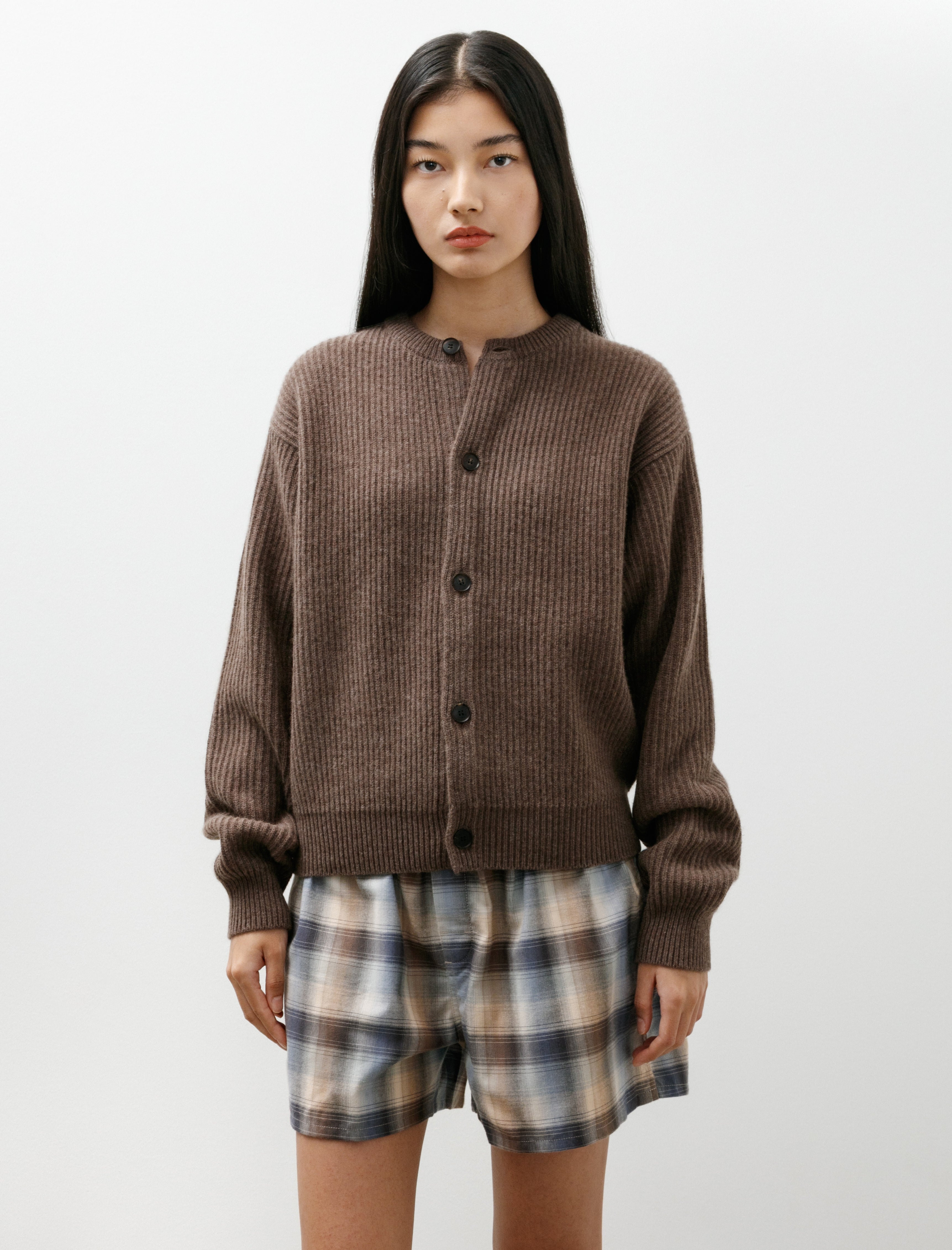 AURALEE x TEKLA Cashmere Crewneck Cardigan Soil Brown
