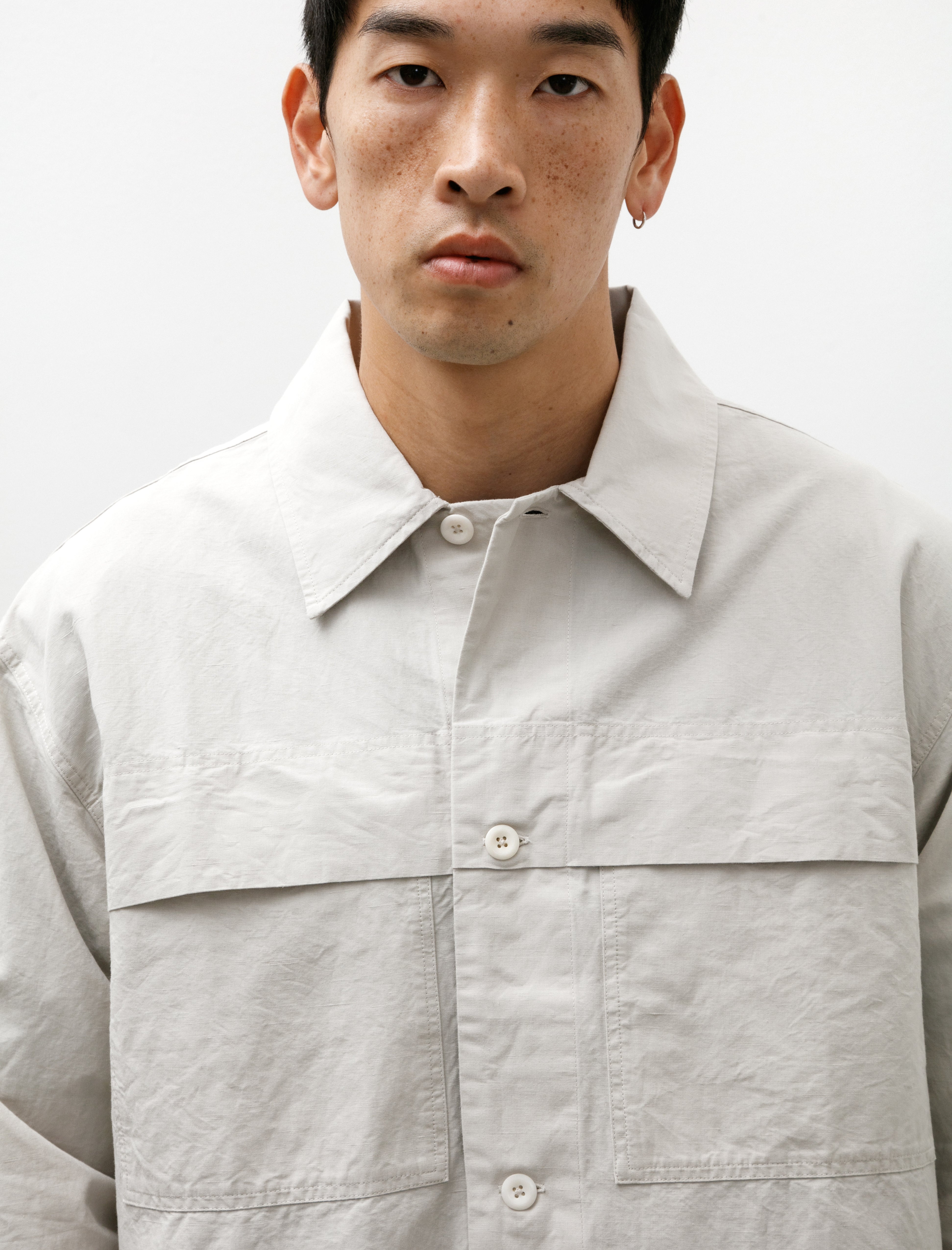 Margaret Howell MHL Storm Flap Shirt Dry Cotton Linen Pale Stone
