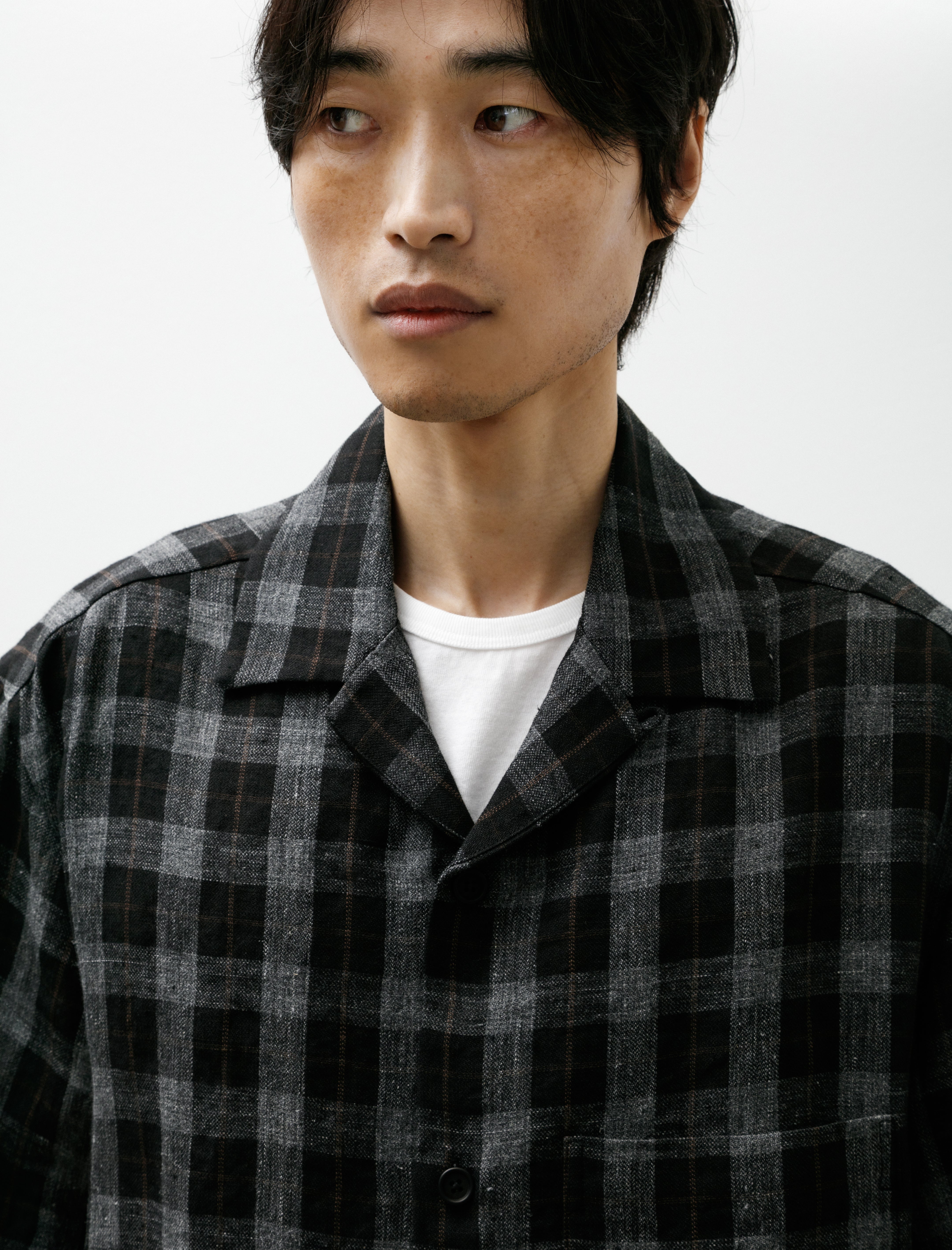 Evan Kinori Short Sleeve Shirt Yarn Dye Linen Check Charcoal Brown Black
