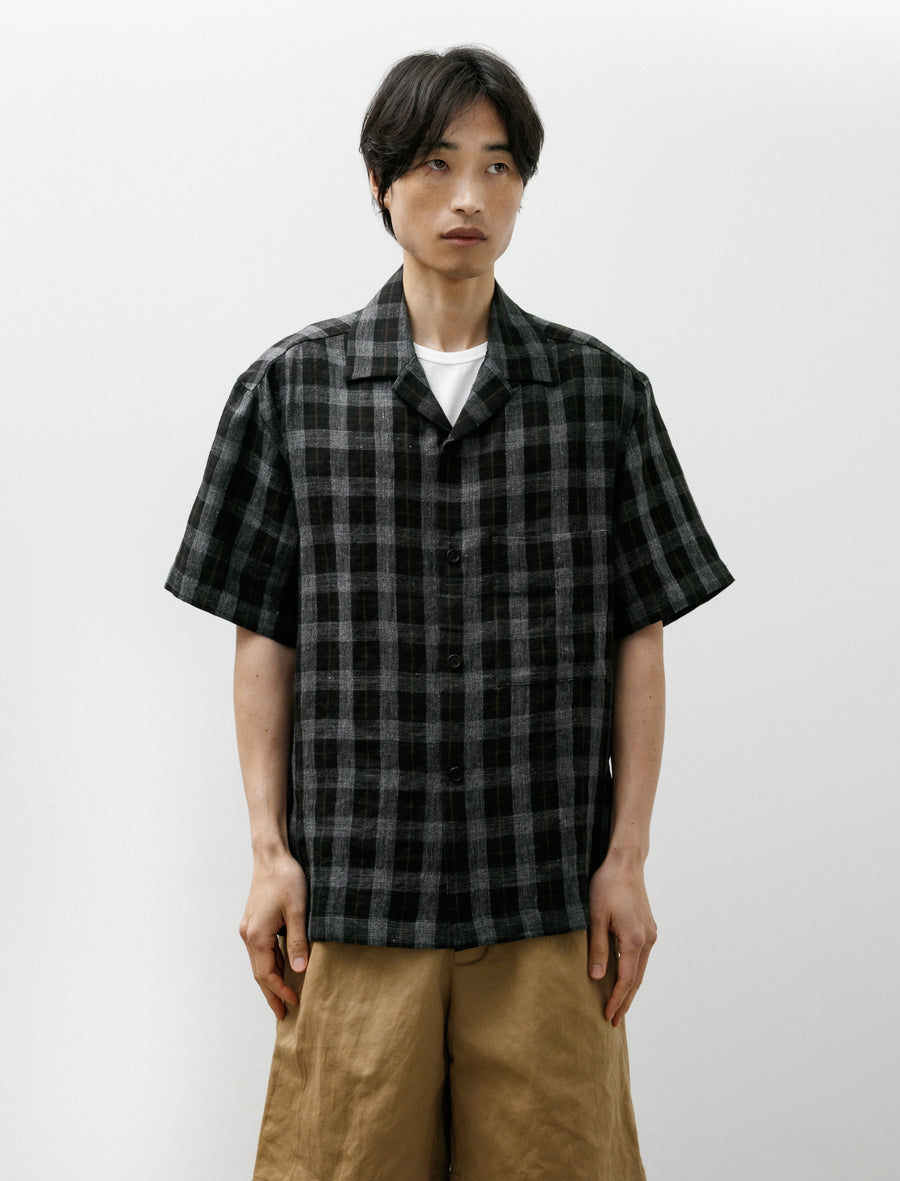 Short Sleeve Shirt Yarn Dye Linen Check Charcoal Brown Black - Image 1
