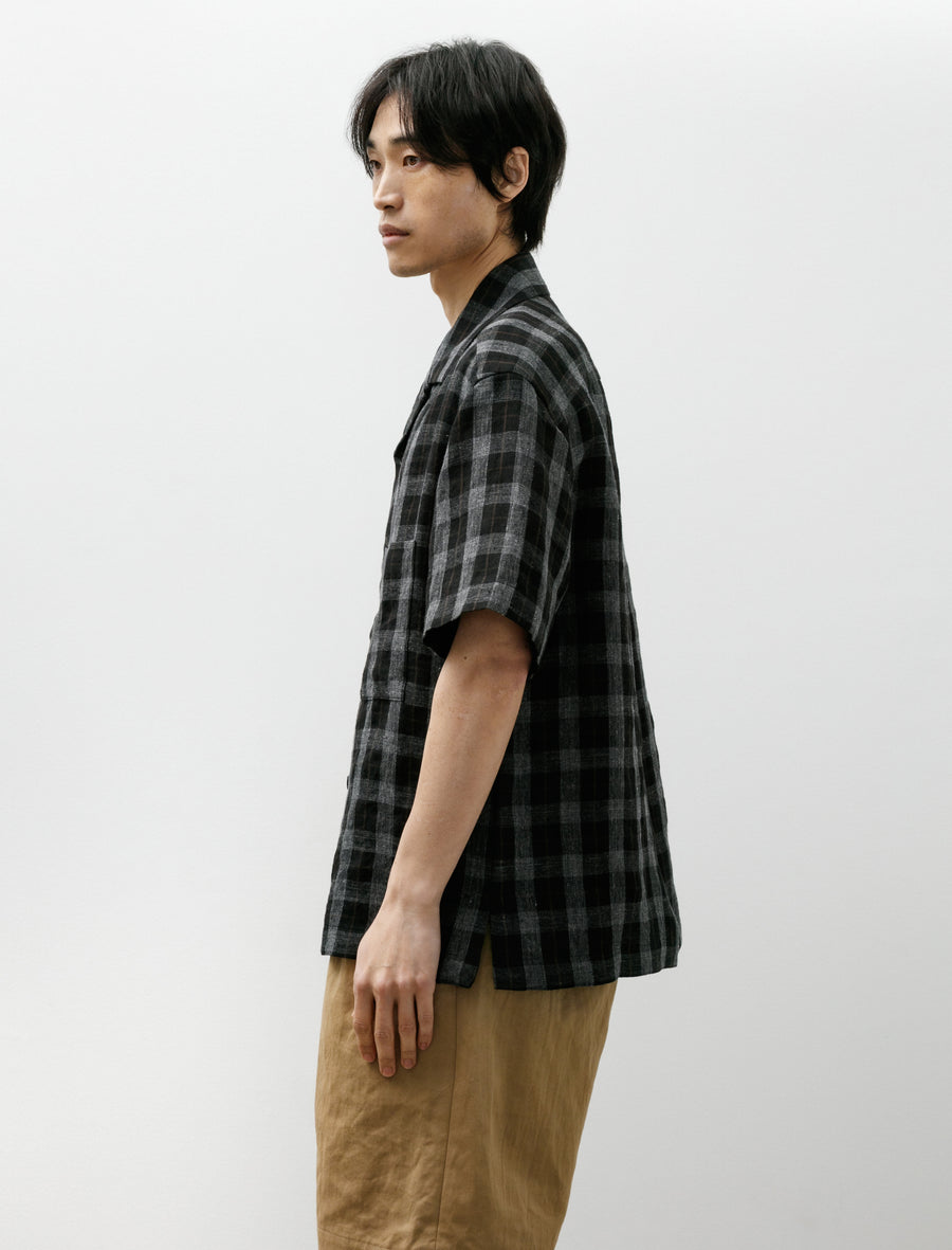Short Sleeve Shirt Yarn Dye Linen Check Charcoal Brown Black - Image 3