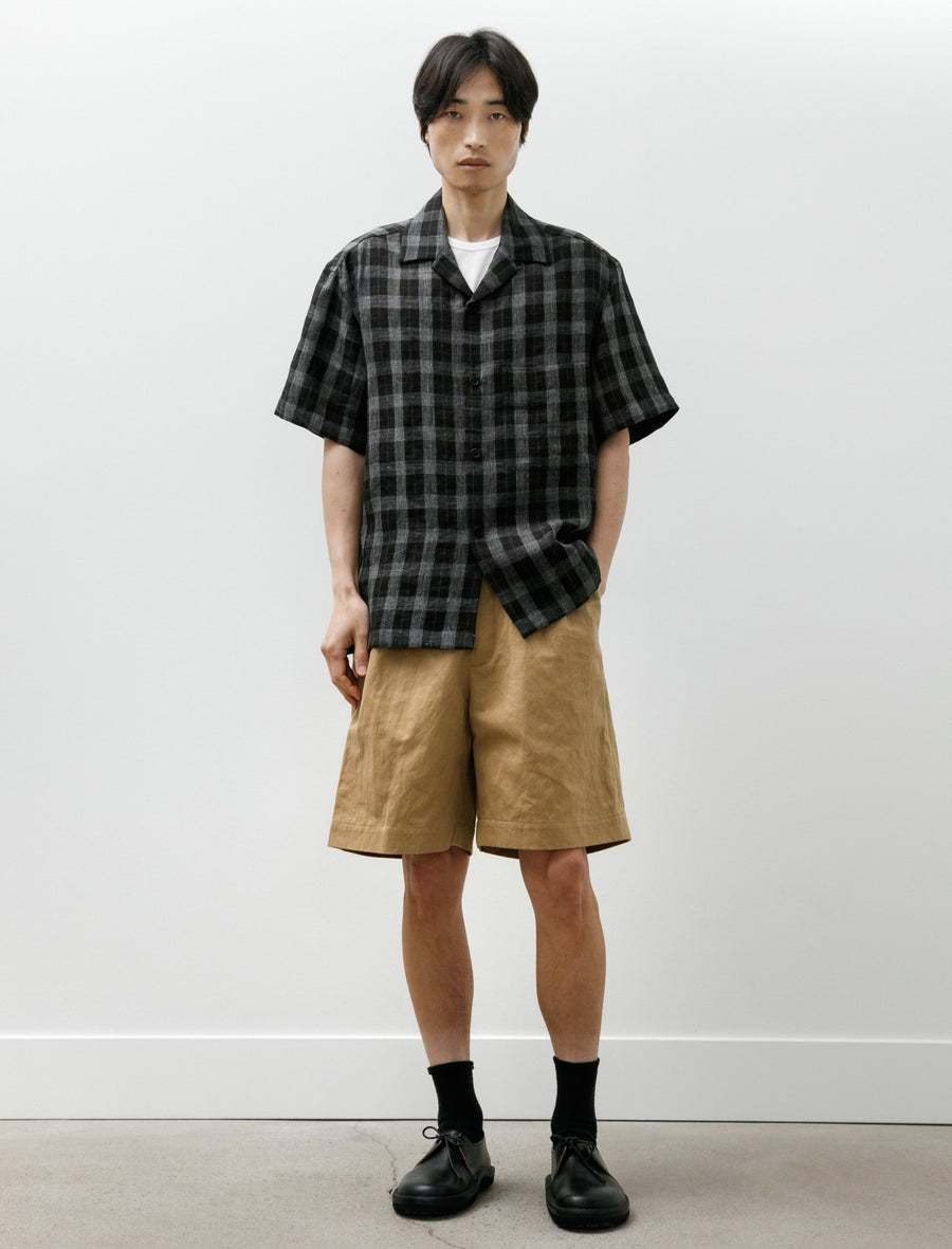 Short Sleeve Shirt Yarn Dye Linen Check Charcoal Brown Black - Image 5