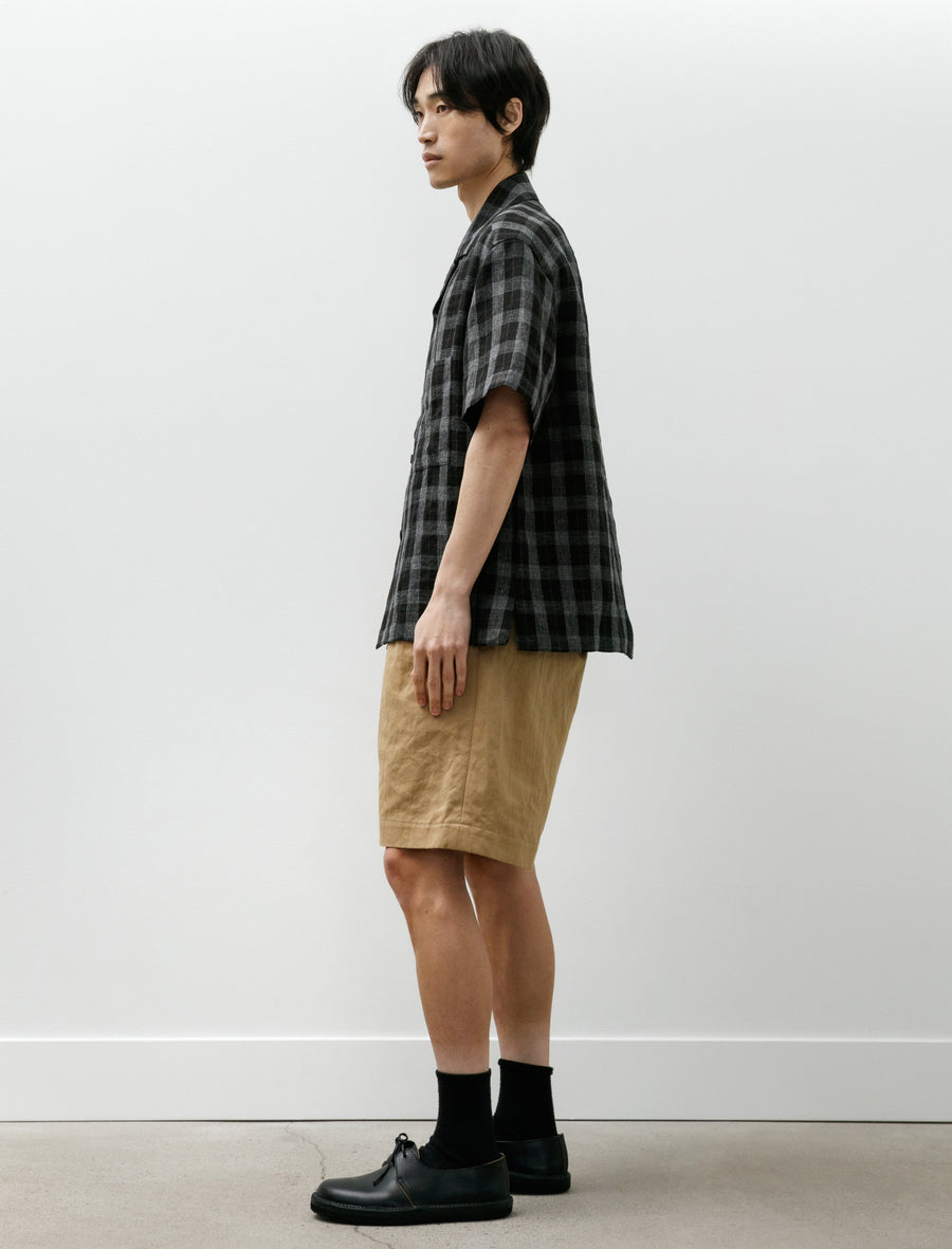 Short Sleeve Shirt Yarn Dye Linen Check Charcoal Brown Black - Image 6