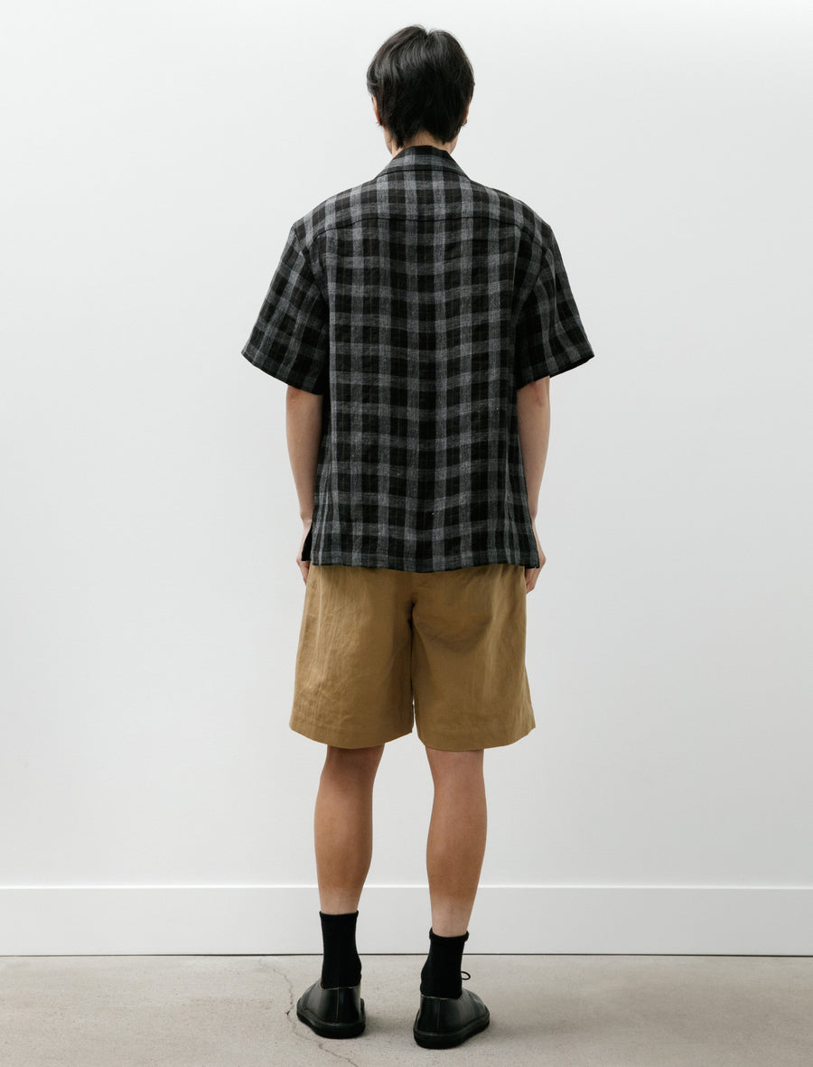 Short Sleeve Shirt Yarn Dye Linen Check Charcoal Brown Black - Image 7