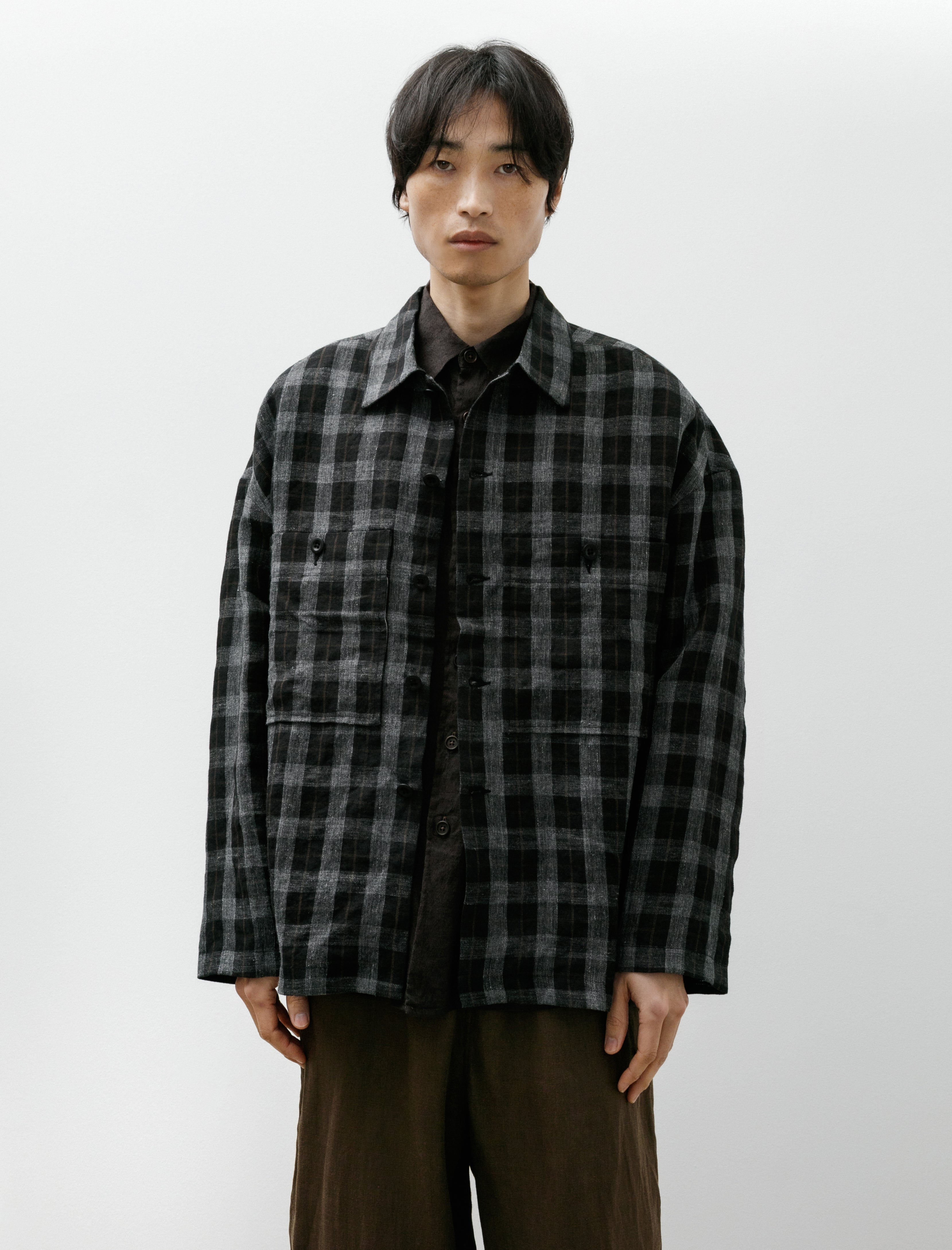 Evan Kinori Field Shirt Two Yarn Dye Linen Check Charcoal Brown