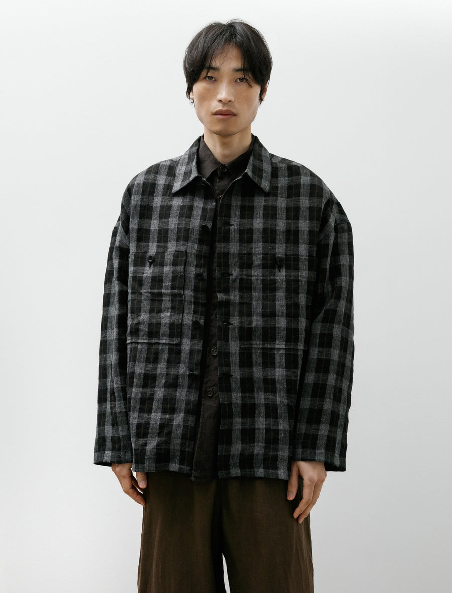Field Shirt Two Yarn Dye Linen Check Charcoal Brown Black - Image 4
