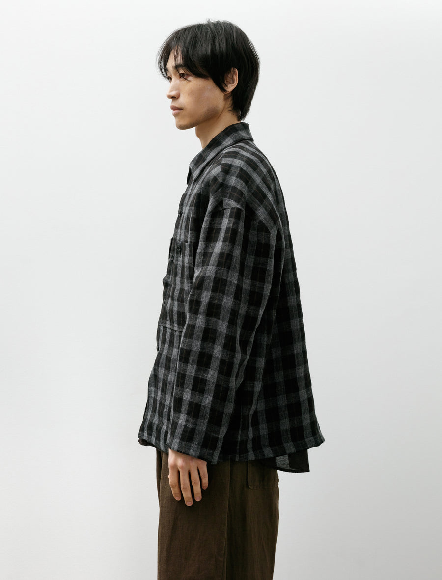 Field Shirt Two Yarn Dye Linen Check Charcoal Brown Black - Image 3