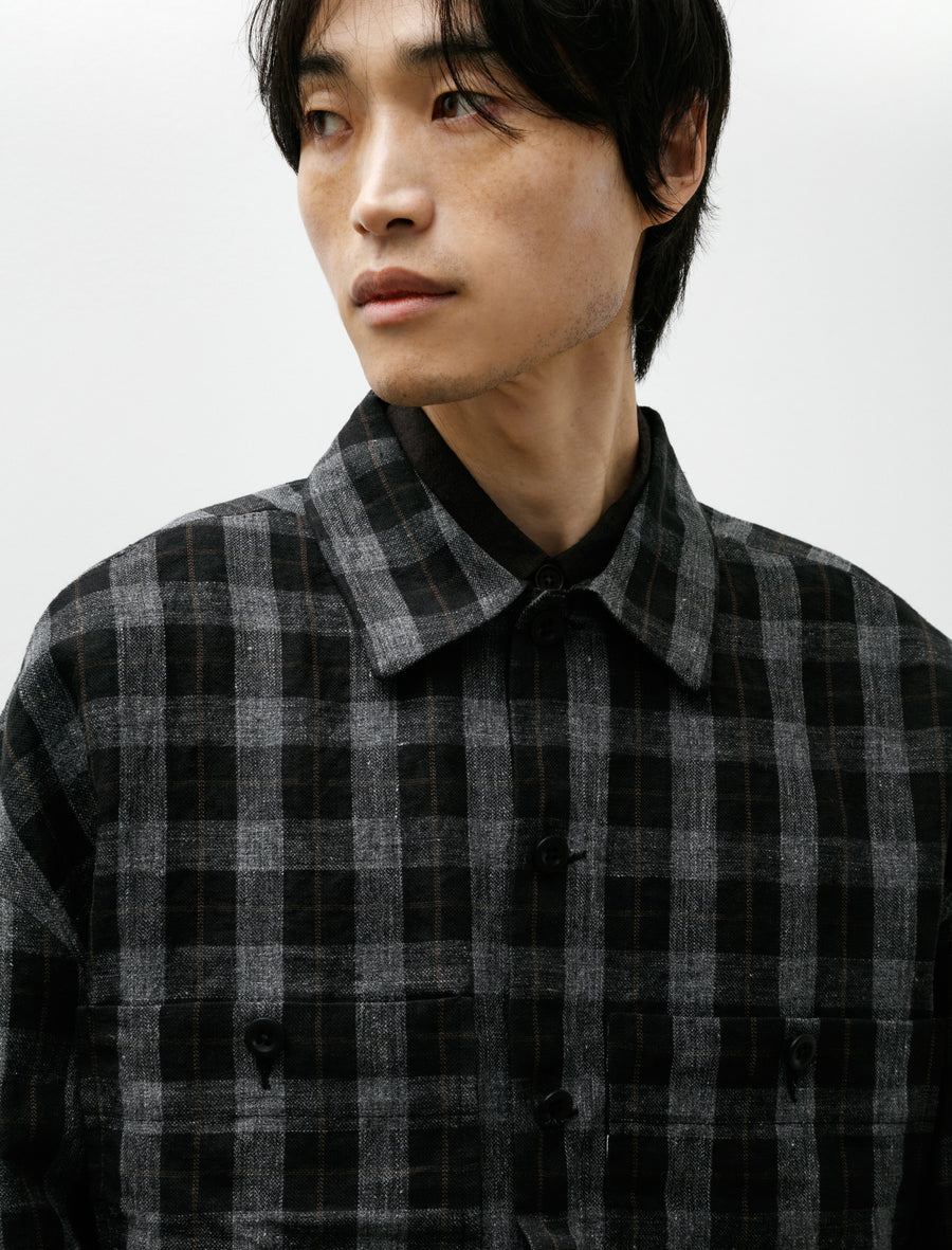 Field Shirt Two Yarn Dye Linen Check Charcoal Brown Black - Image 5