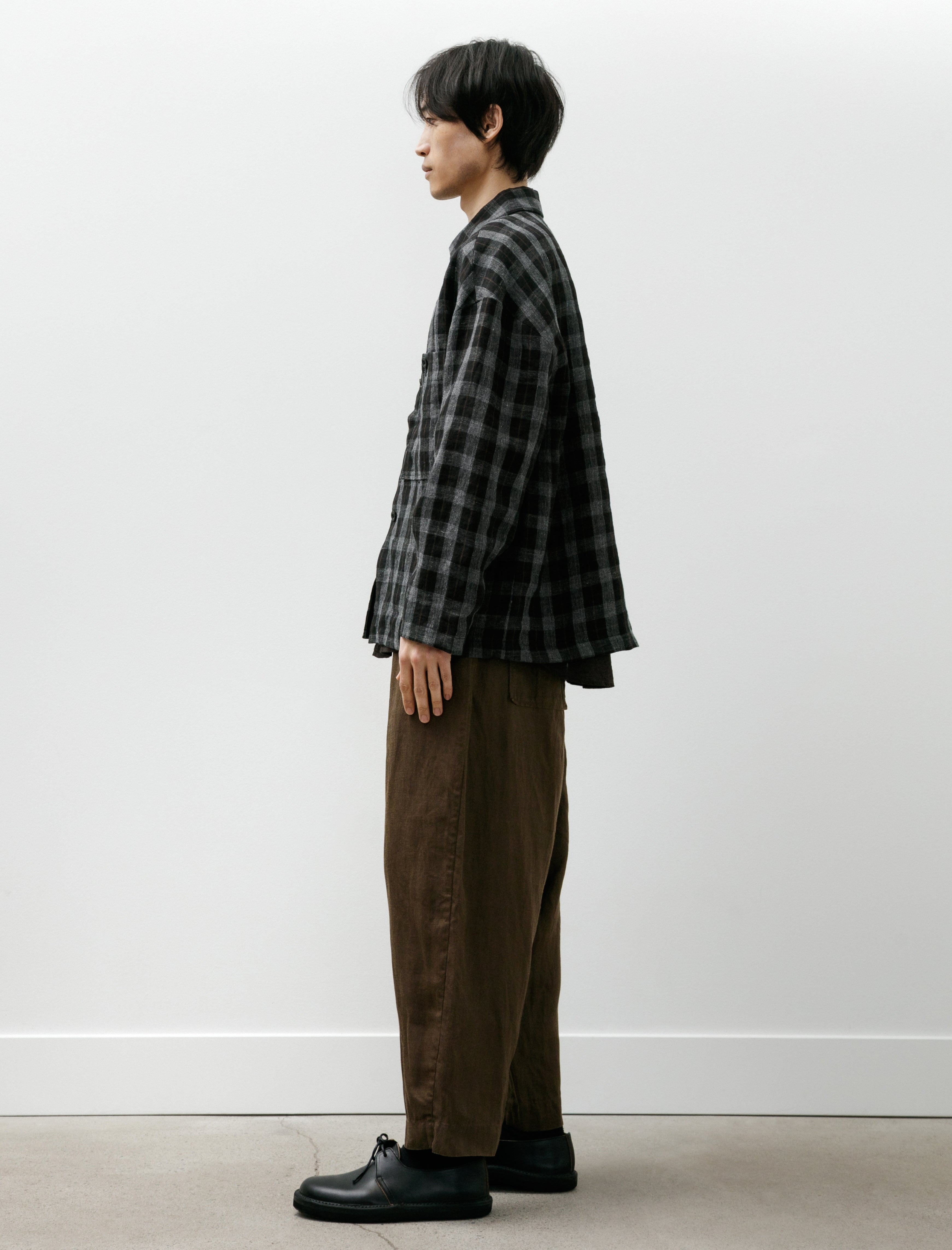 Evan Kinori Field Shirt Two Yarn Dye Linen Check Charcoal Brown Black