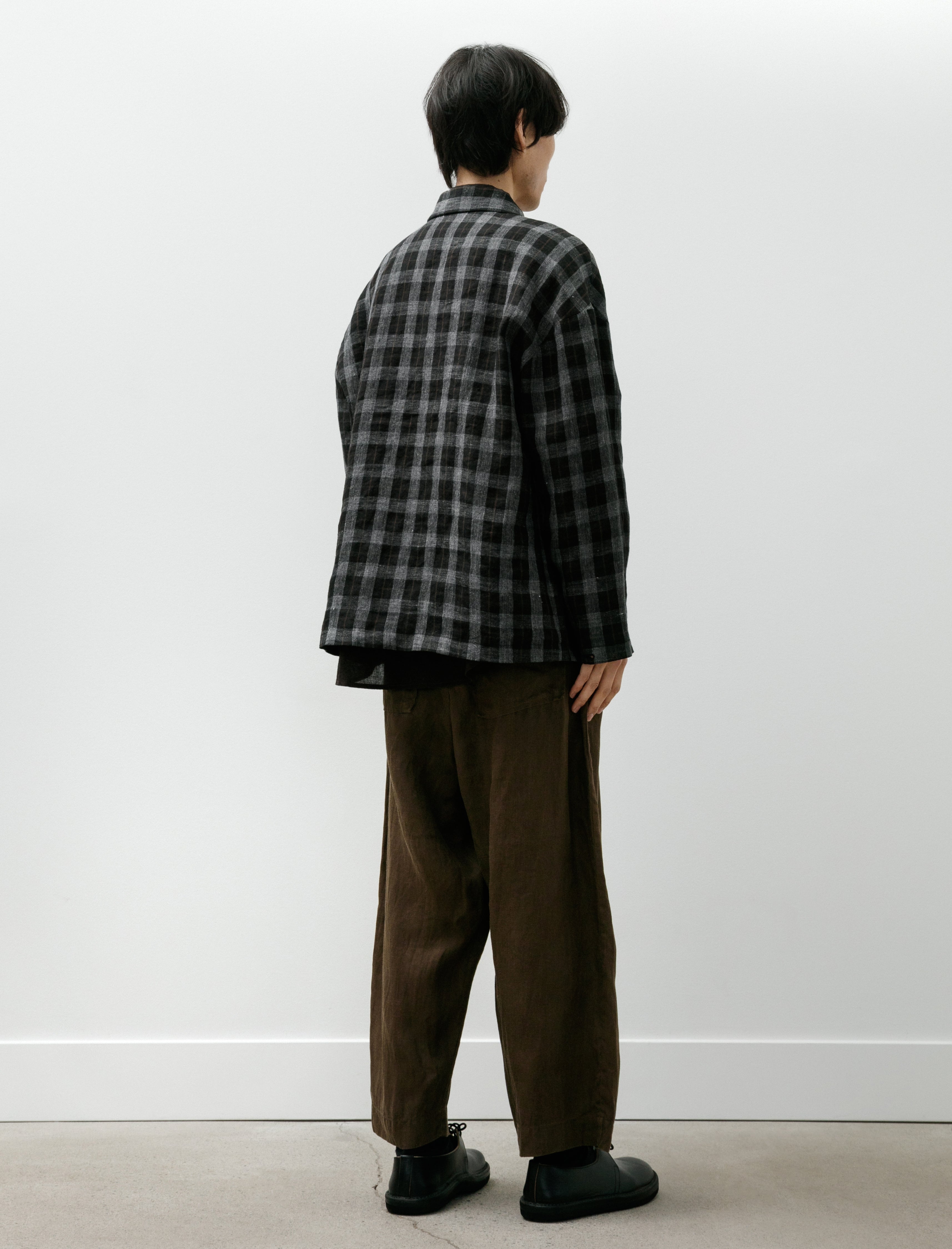 Evan Kinori Field Shirt Two Yarn Dye Linen Check Charcoal Brown Black