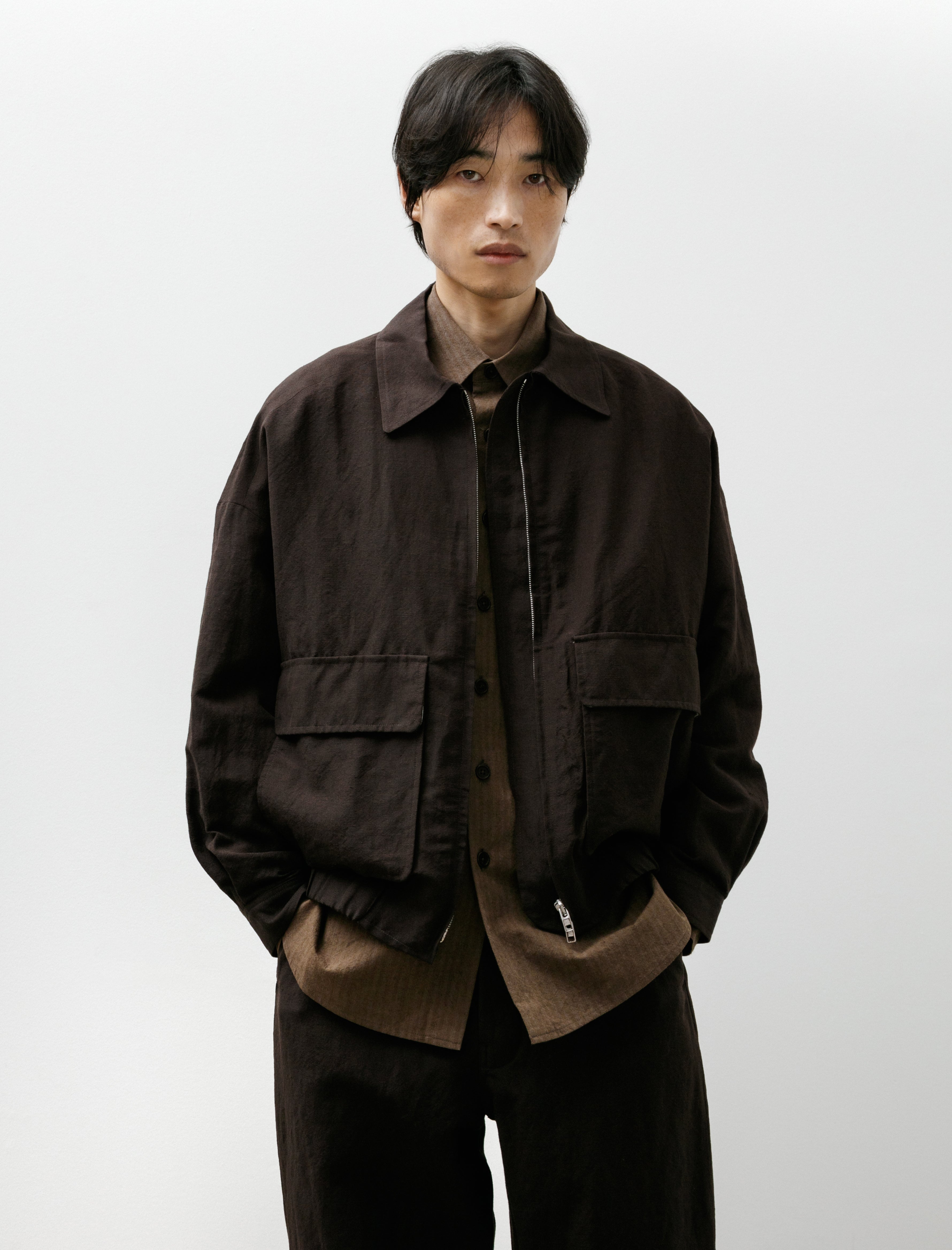 Evan Kinori Zip Jacket Two Wool/Linen Canvas Dark Brown