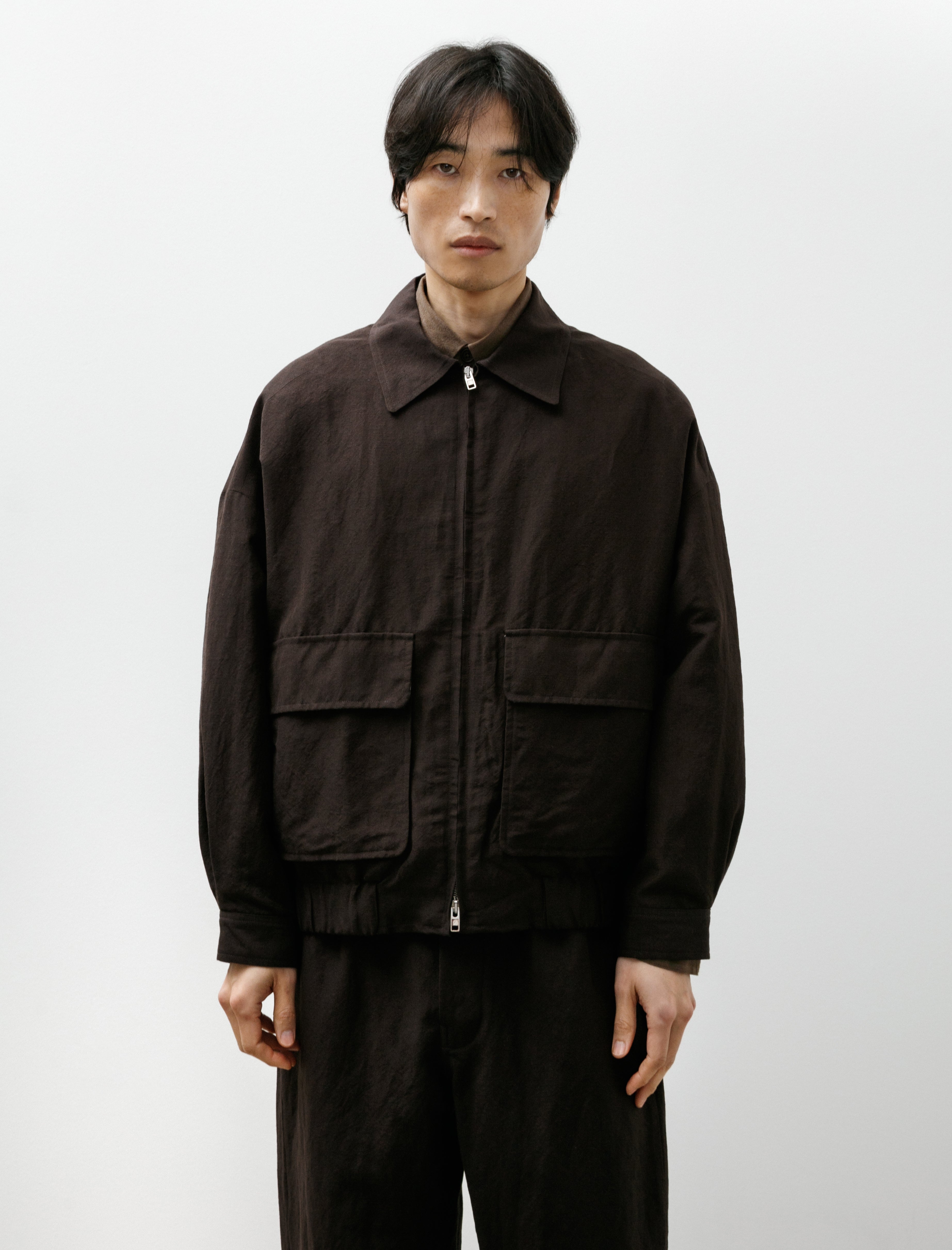 Evan Kinori Zip Jacket Two Wool/Linen Canvas Dark Brown