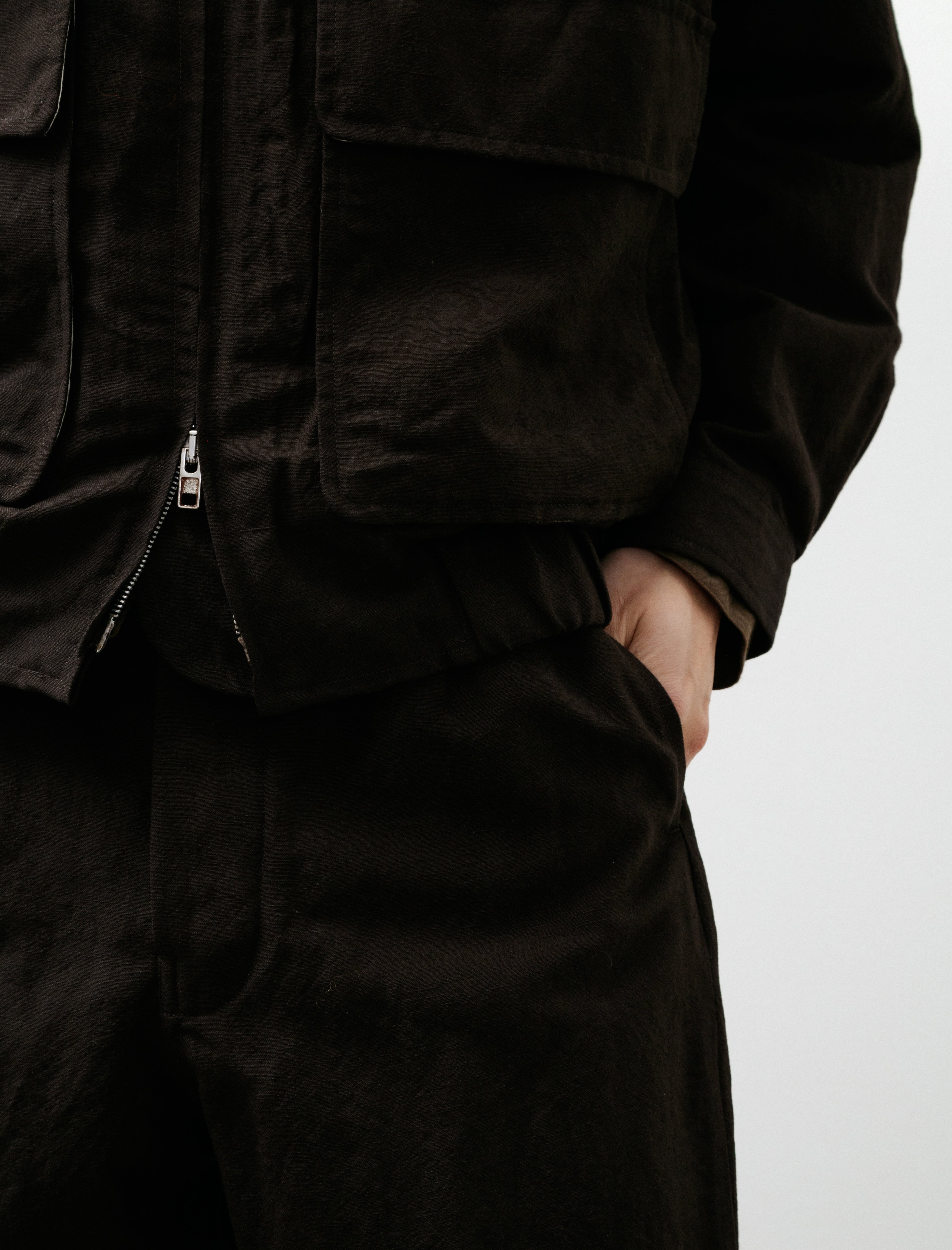 Evan Kinori Zip Jacket Two Wool/Linen Canvas Dark Brown