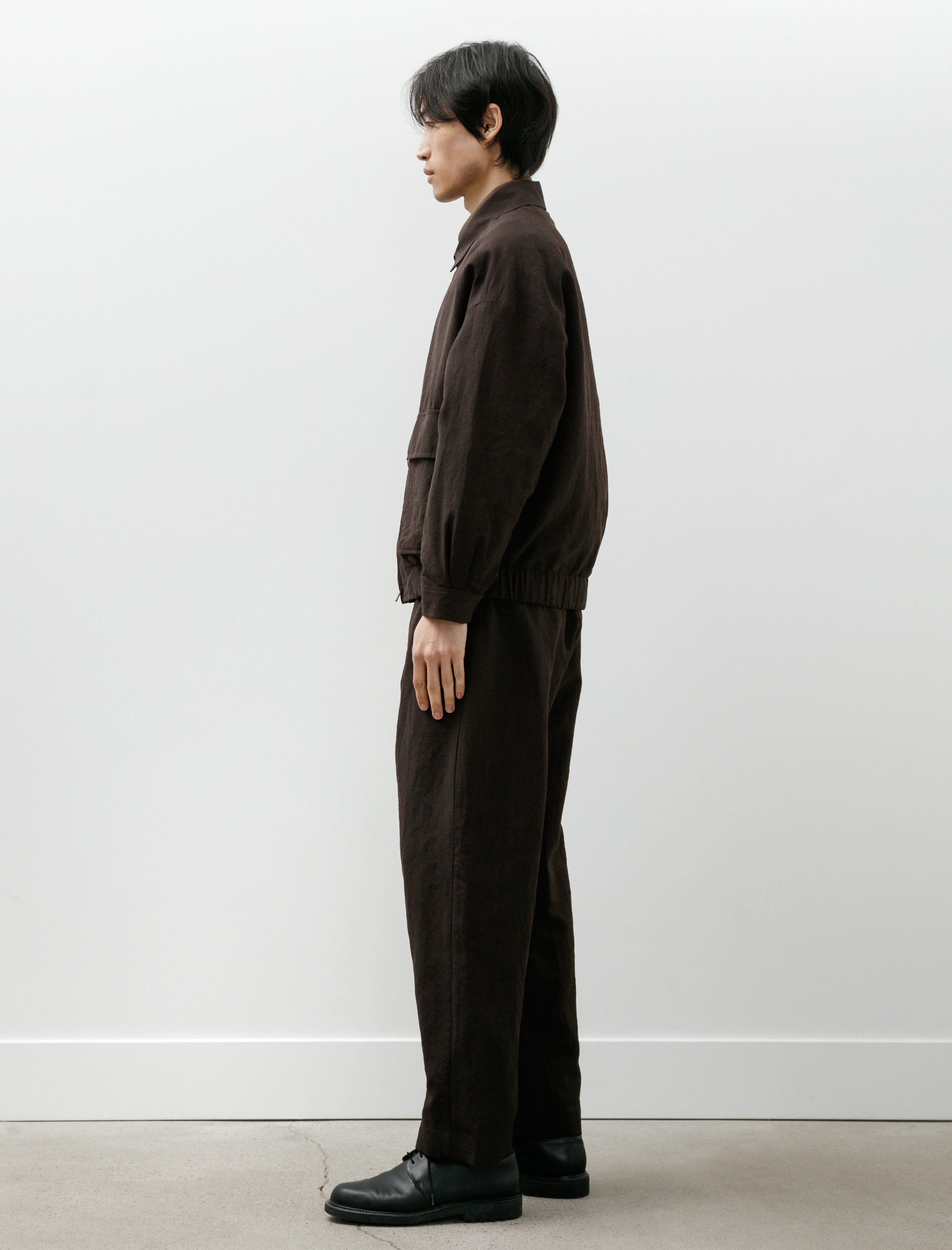 Evan Kinori Single Pleat Pant Wool/Linen Canvas Dark Brown