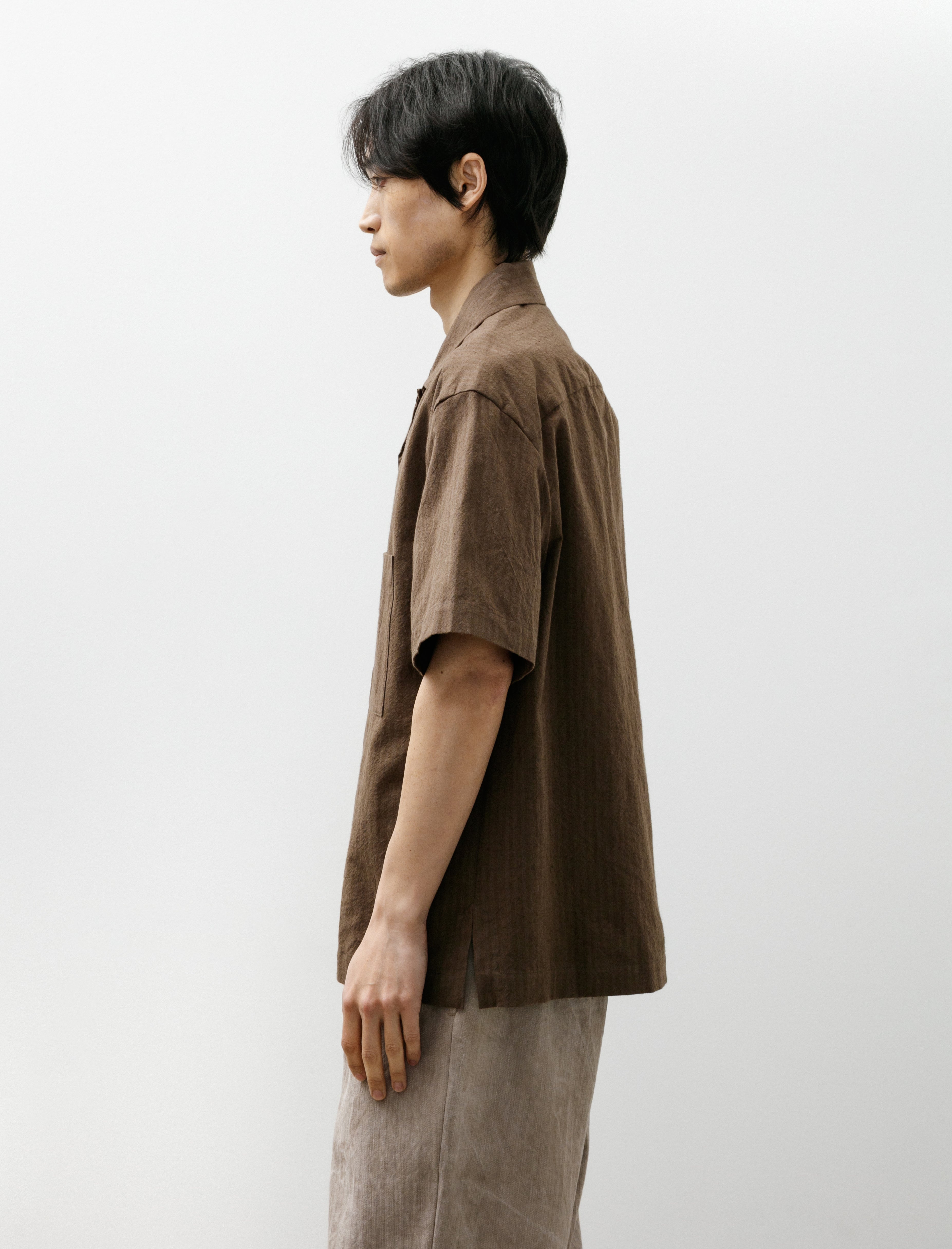 Evan Kinori Short Sleeve Shirt Hemp/Cotton Stripe Charcoal Dark Olive