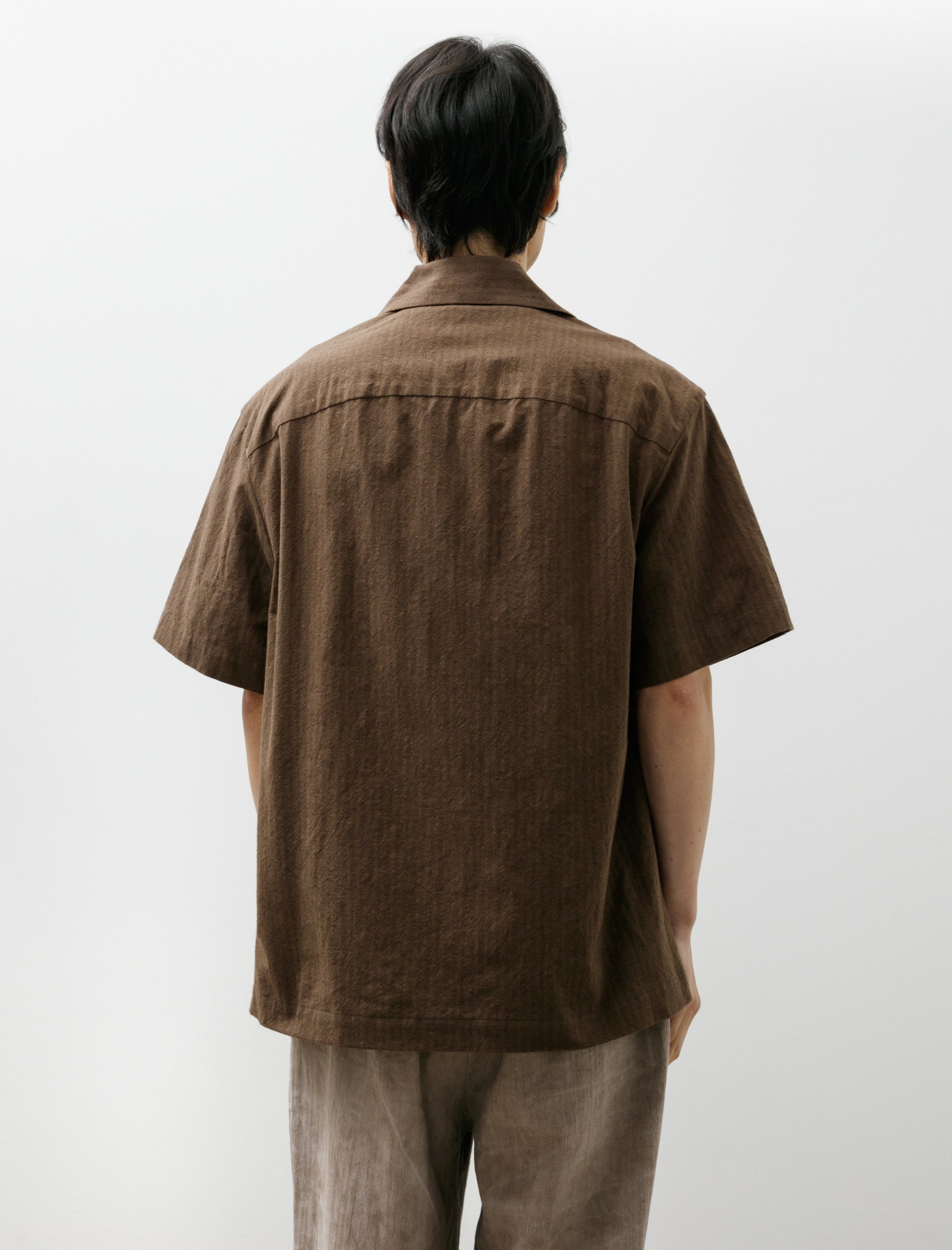 Evan Kinori Short Sleeve Shirt Hemp/Cotton Stripe Charcoal Dark Olive