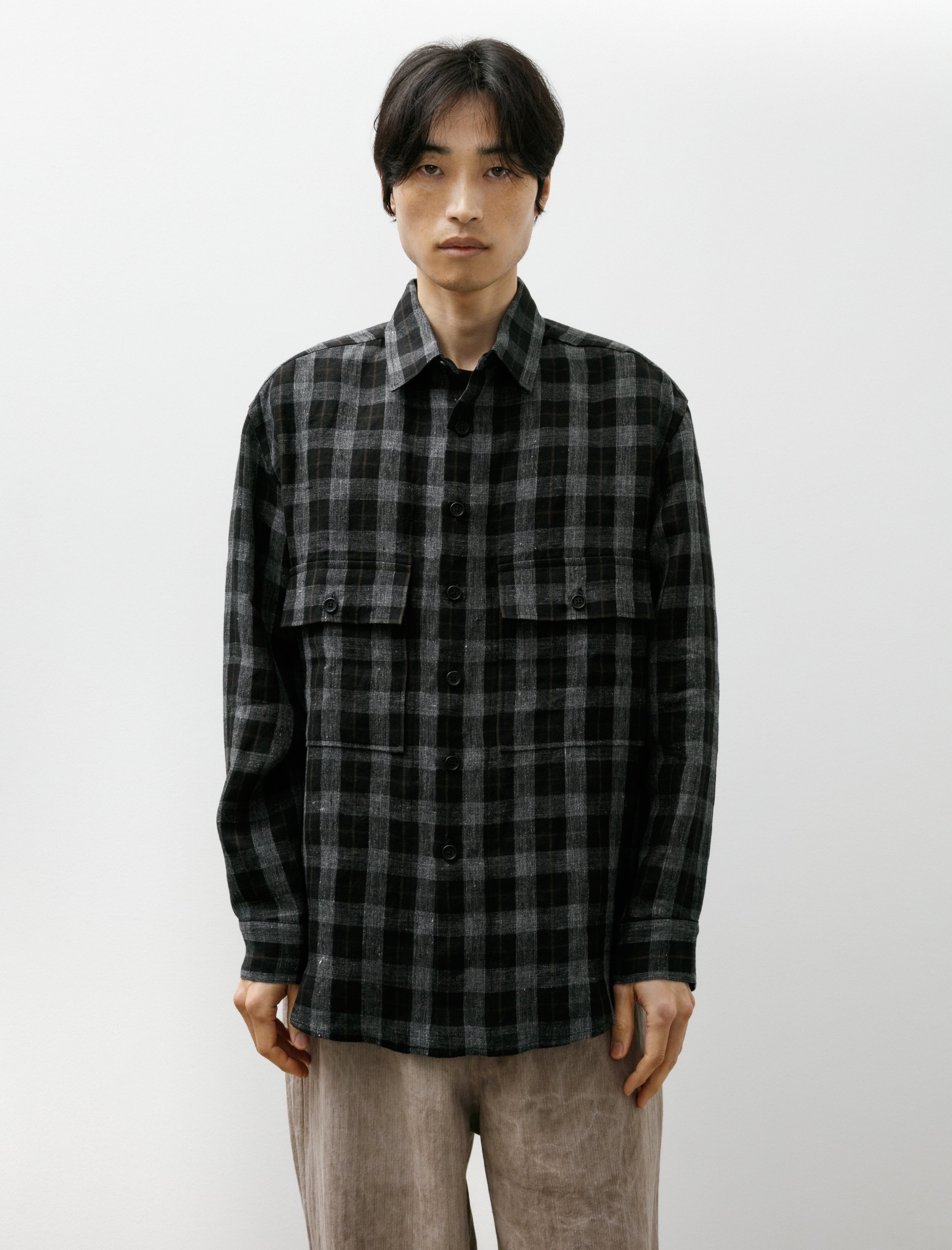 Evan Kinori Big Shirt Yarn Dye Linen Check Charcoal Brown Black
