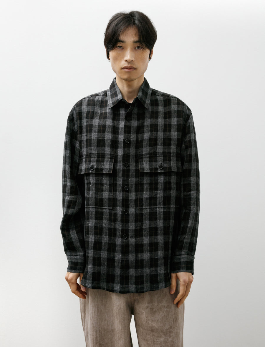 Evan Kinori Big Shirt Yarn Dye Linen Check Charcoal Brown Black Evan Kinori Big Shirt Yarn Dye Linen Check Charcoal Brown Black