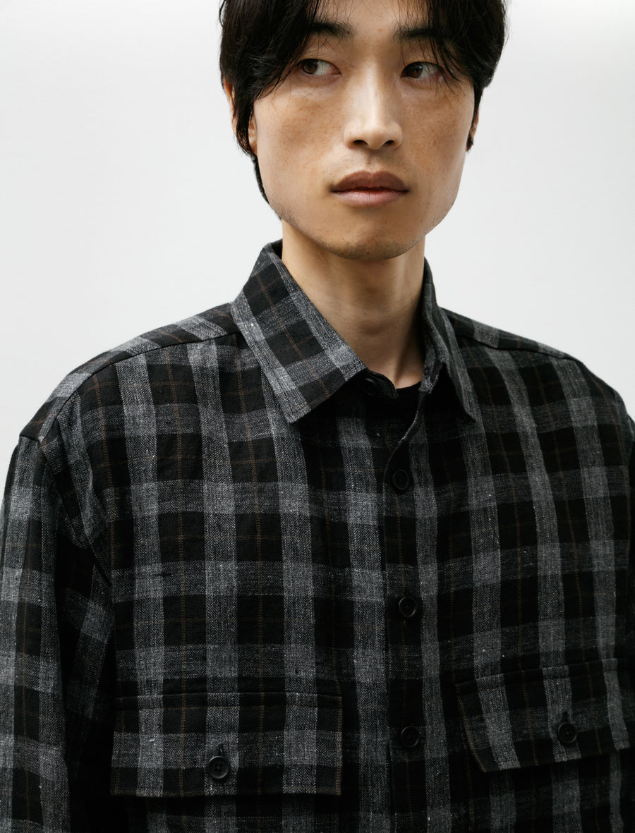 Big Shirt Yarn Dye Linen Check Charcoal Brown Black - Image 4