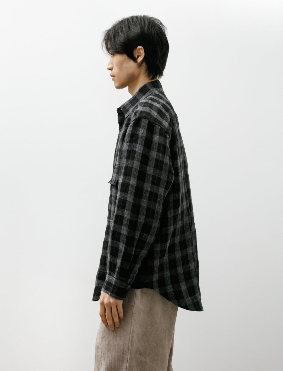 Big Shirt Yarn Dye Linen Check Charcoal Brown Black - Image 3