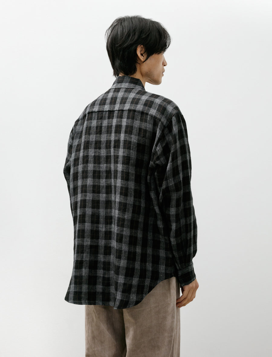 Big Shirt Yarn Dye Linen Check Charcoal Brown Black - Image 2