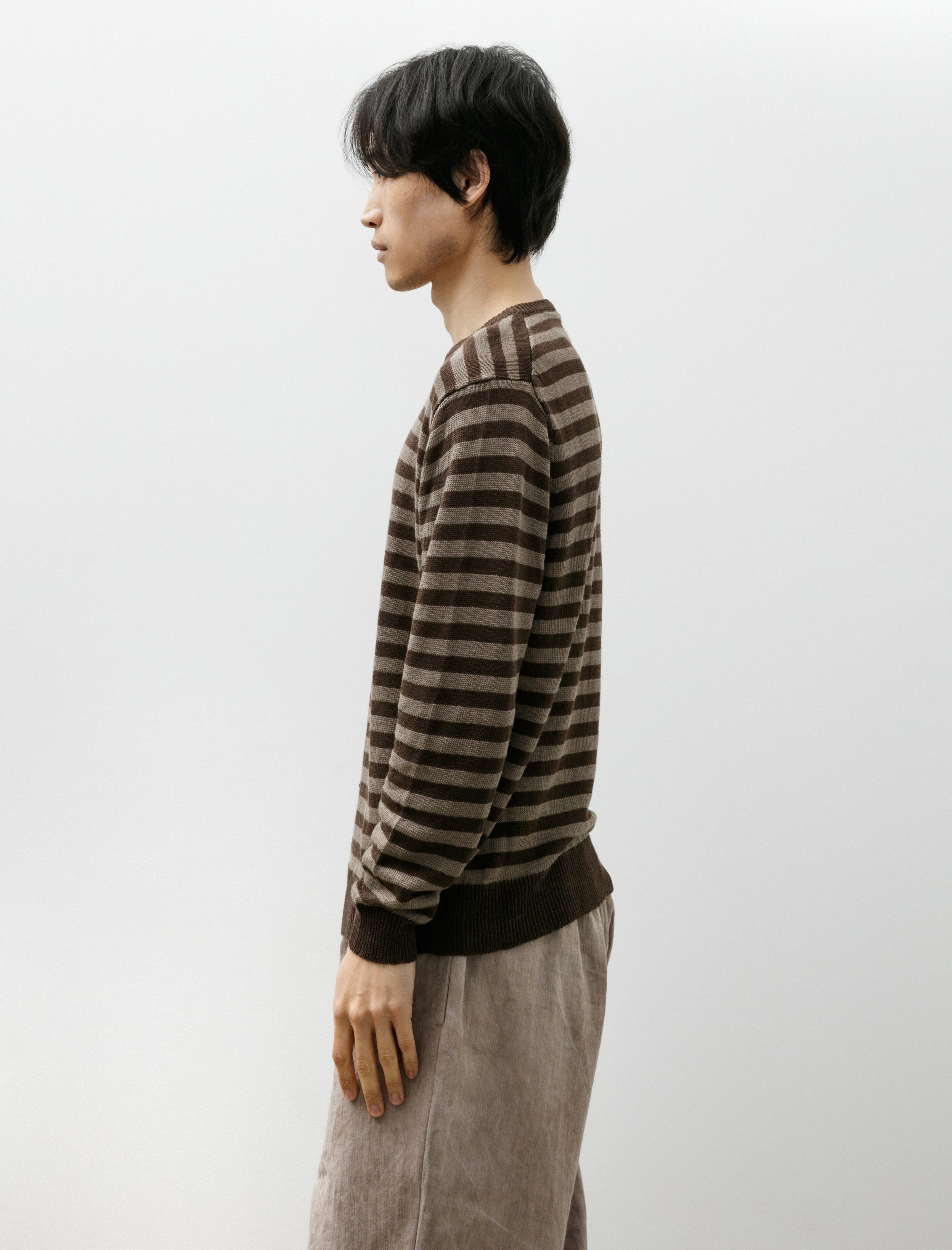 Evan Kinori Thin Stripe Sweater Linen Brown Taupe