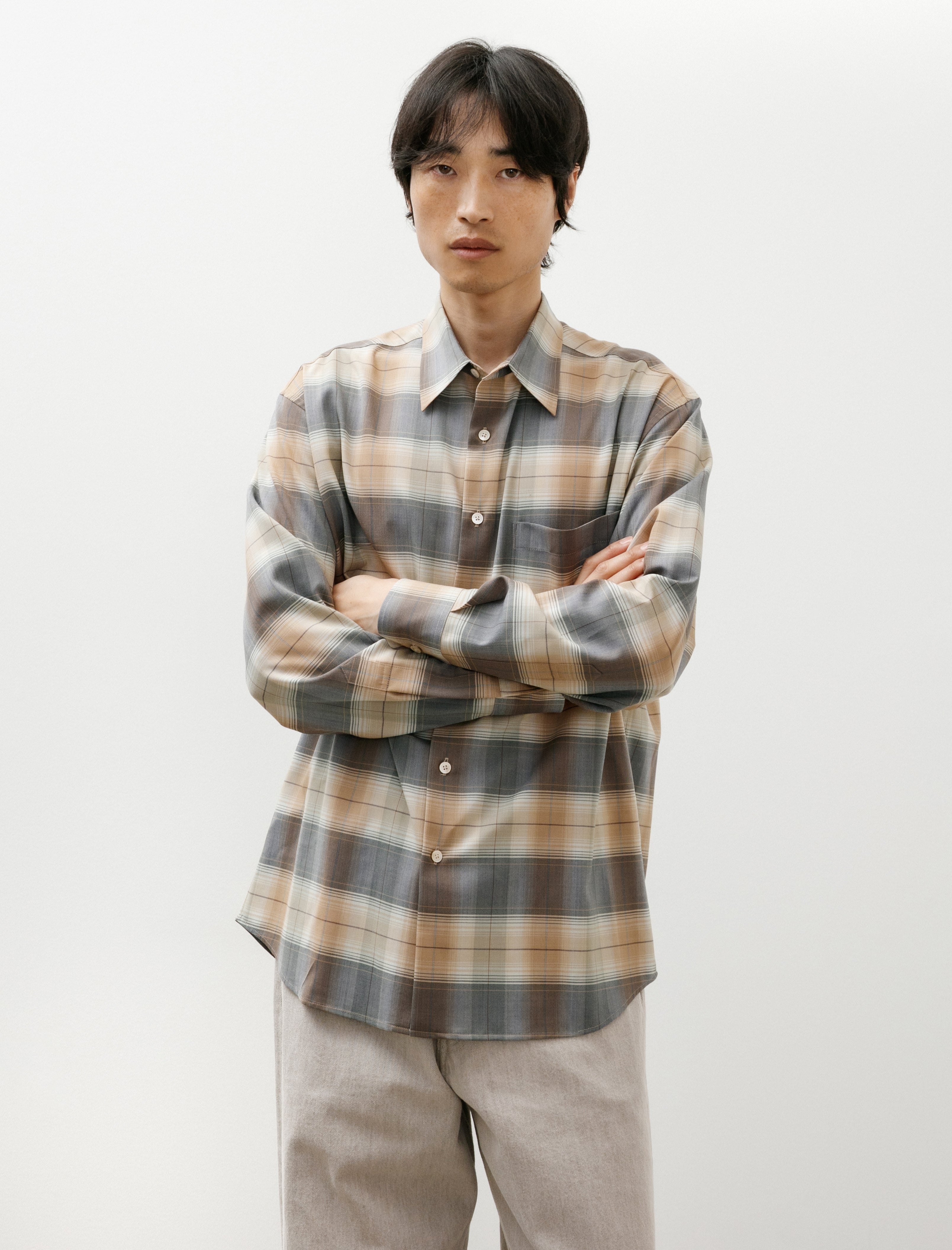 トップス AURALEE SUPER LIGHT WOOL CHECK SHIRTS 3 Auralee Super Light Wool Check Shirt Light Brown Check – Neighbour